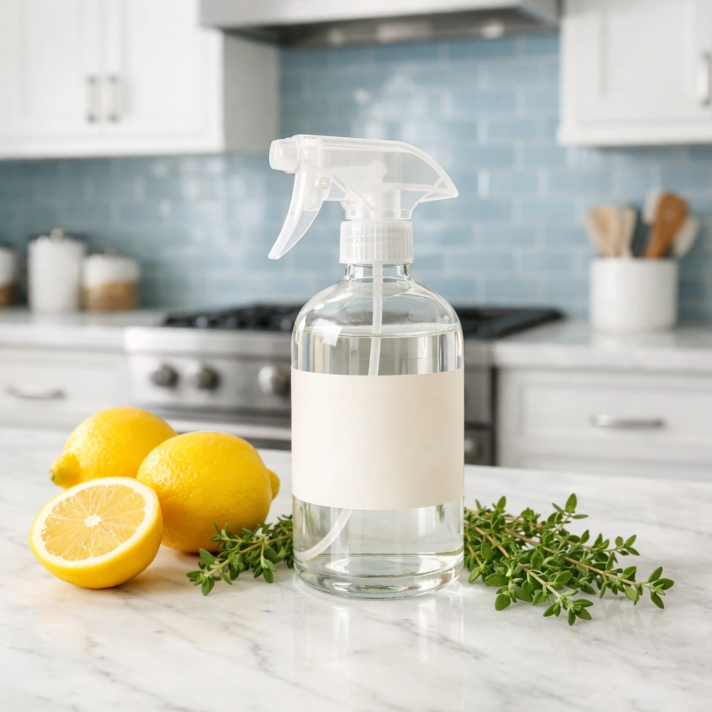 Natural cleaning products and fresh lemons on a white marble kitchen island.