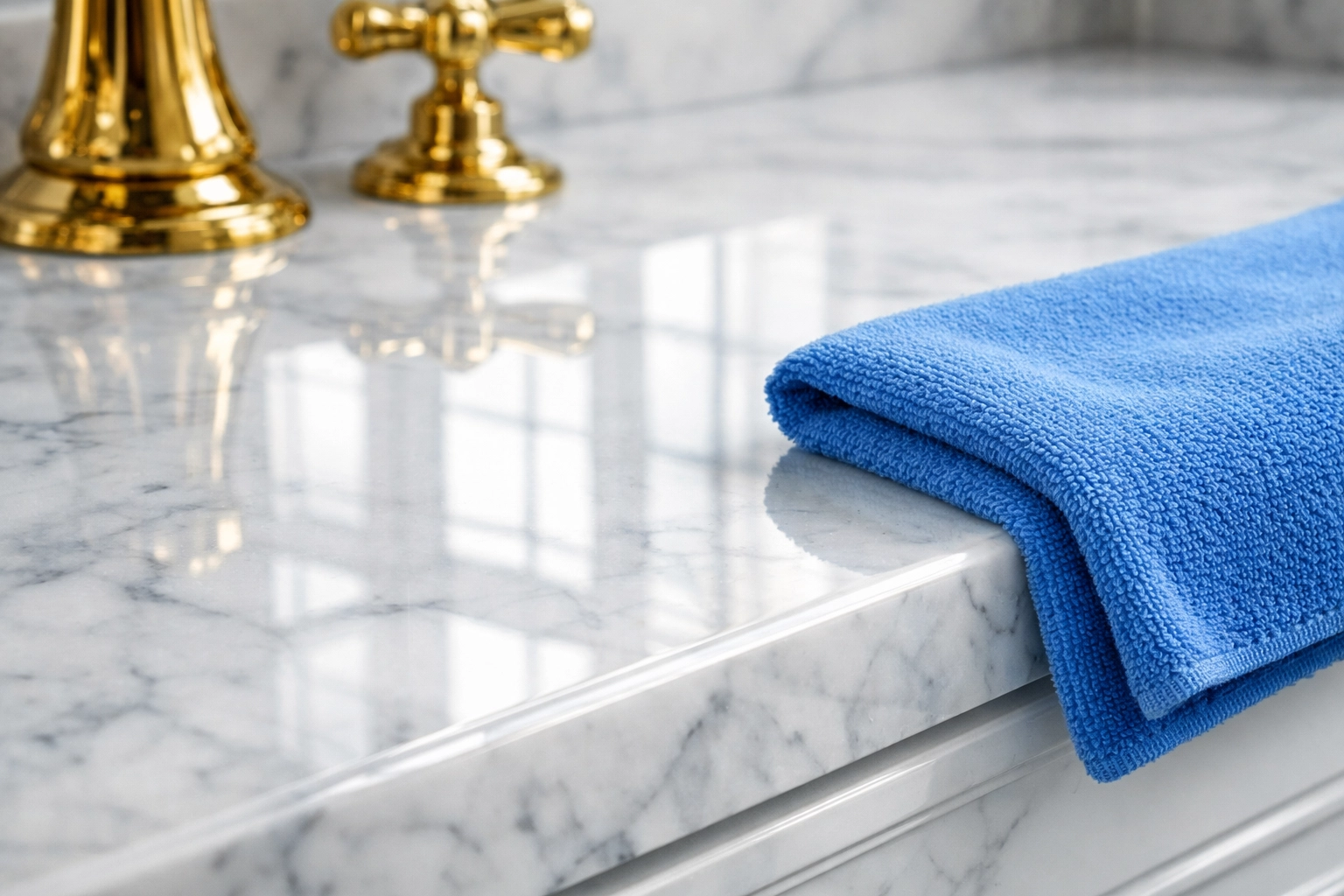 Macro view of high-end detailing and residential cleaning Massachusetts on a marble vanity.