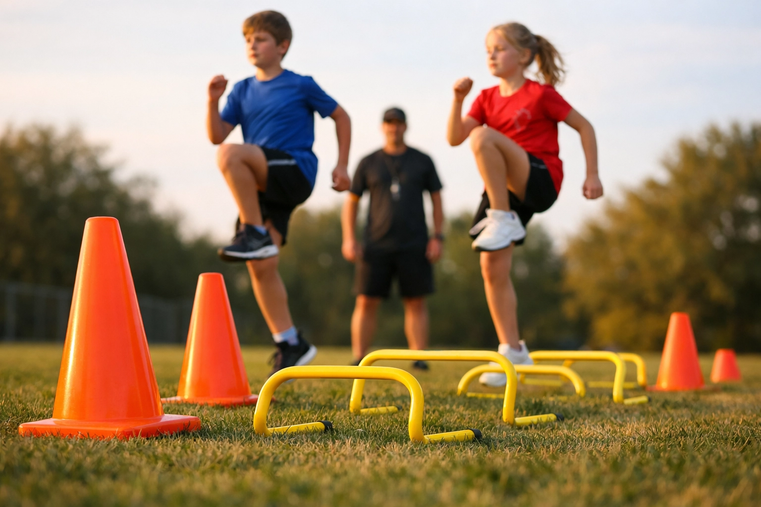 Youth athletes performing warm-up drills with agility cones and mini hurdles on grass field