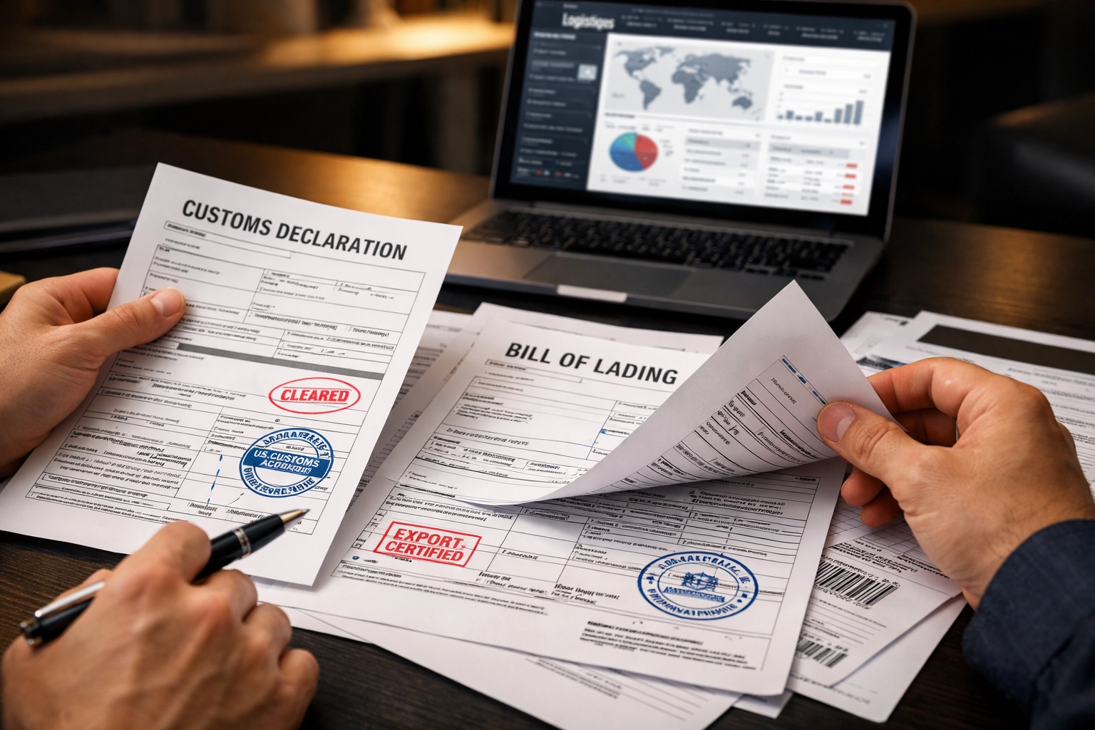 Customs documentation and shipping paperwork being reviewed on desk with laptop