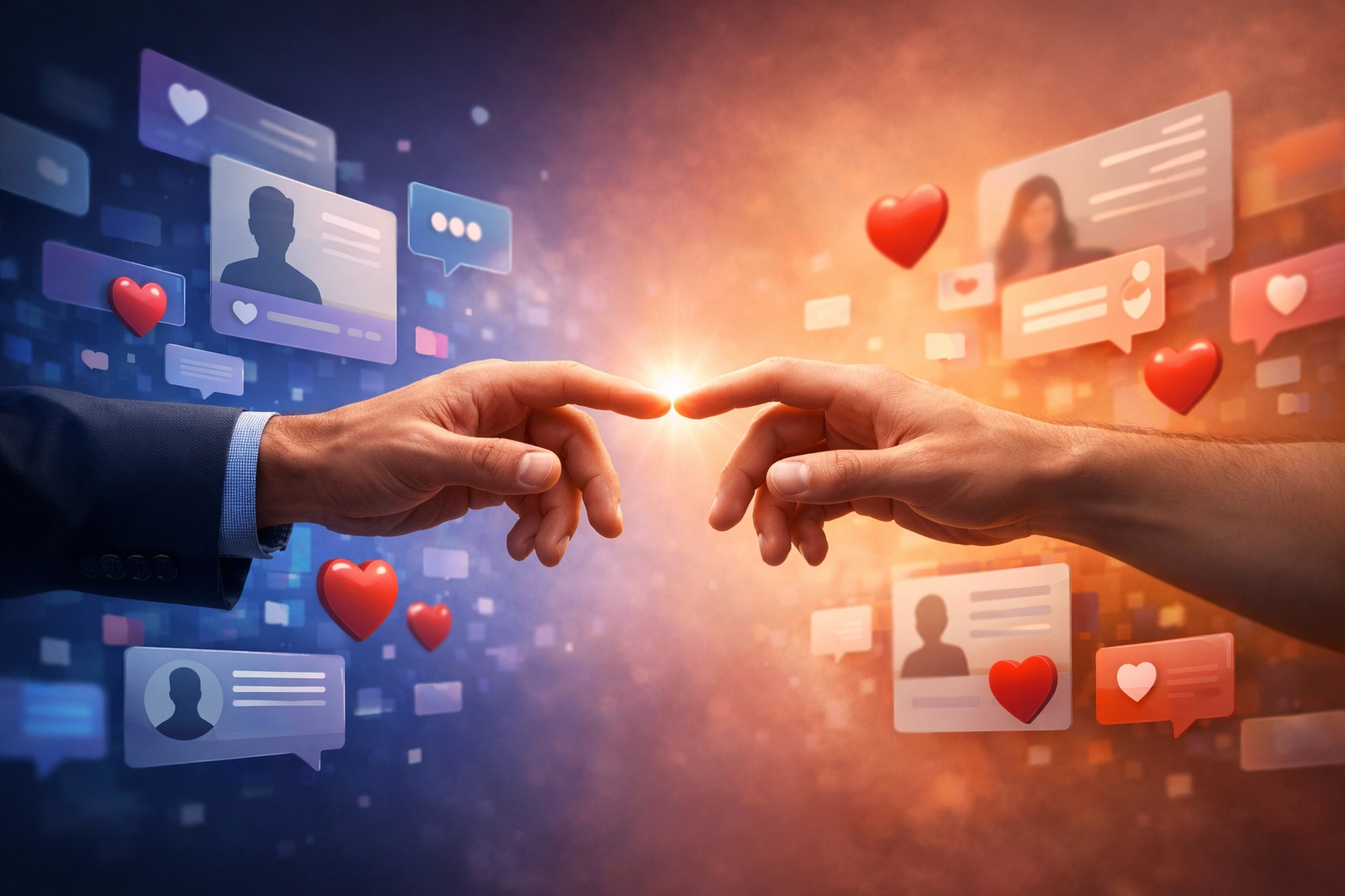 Hands reaching across digital space symbolizing gay romance connection from app to real life