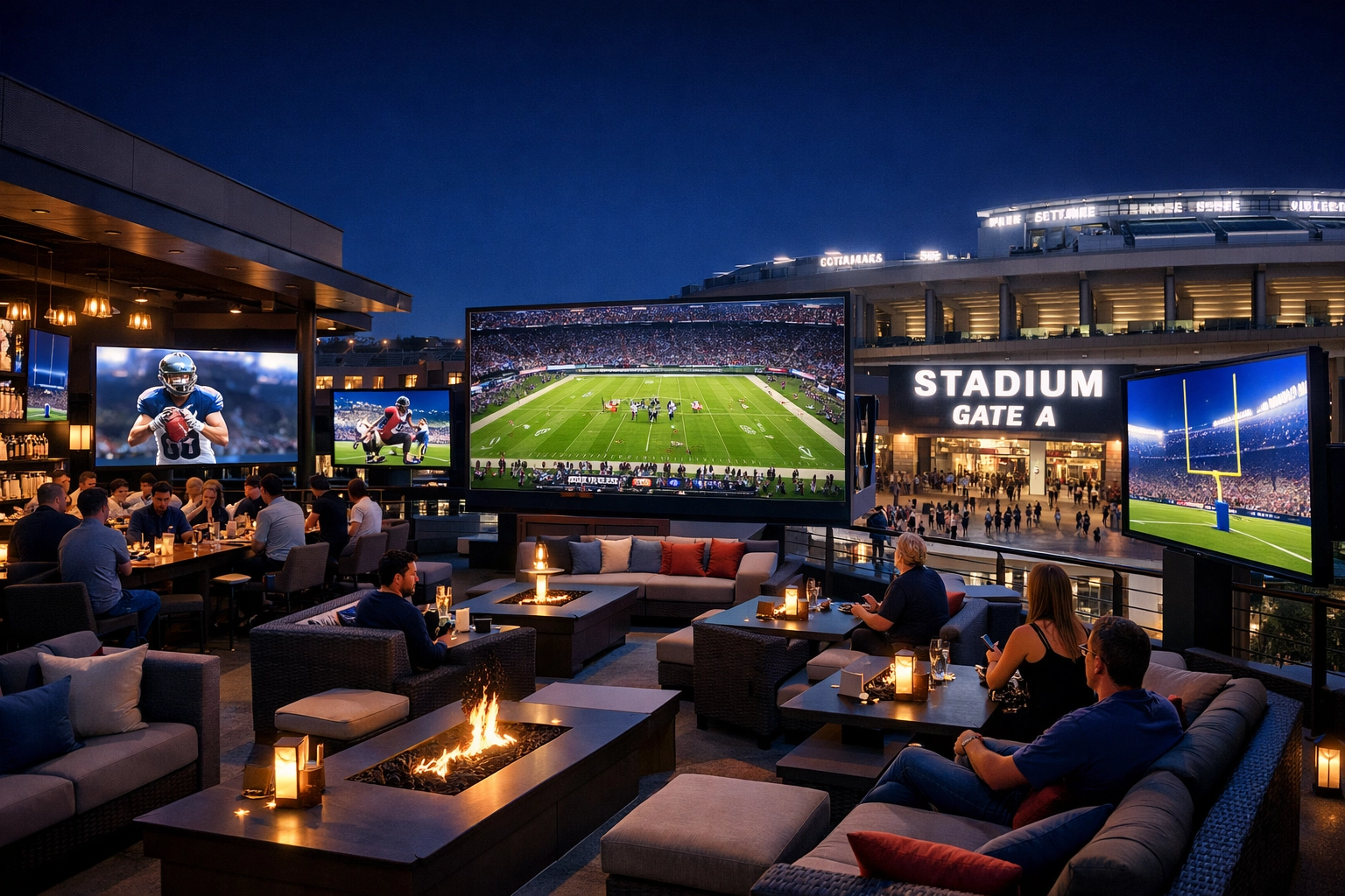 Digital screens in a premium sports bar lounge delivering dynamic brand messaging to fans at night.