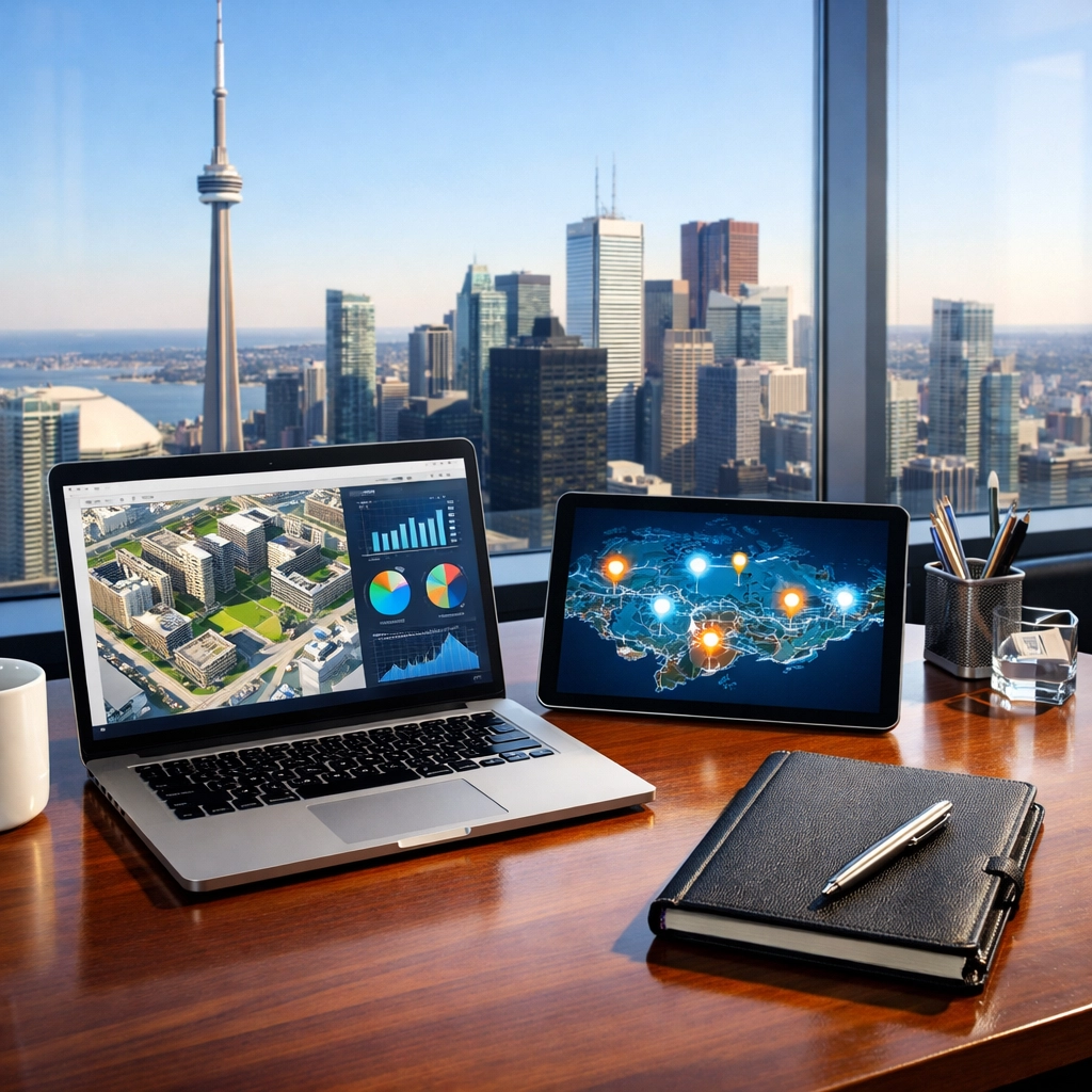 Modern Toronto office desk showing SEO data analytics and site maps for a digital marketing agency Canada.