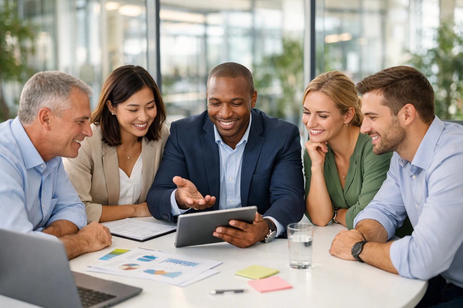 Professional team discussing ServiceNow consulting services and business transformation in a bright office.