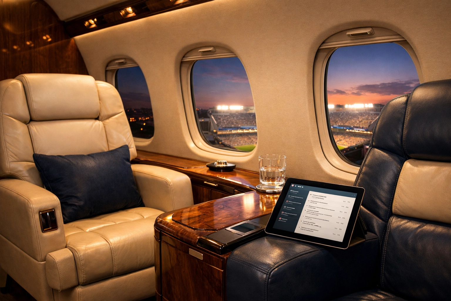 PRESS RELEASE: USA Entertainment Travel Introduces Comprehensive Super Bowl Executive Travel Management System with 24/7 Concierge Support Luxury private jet interior for Super Bowl executive travel management