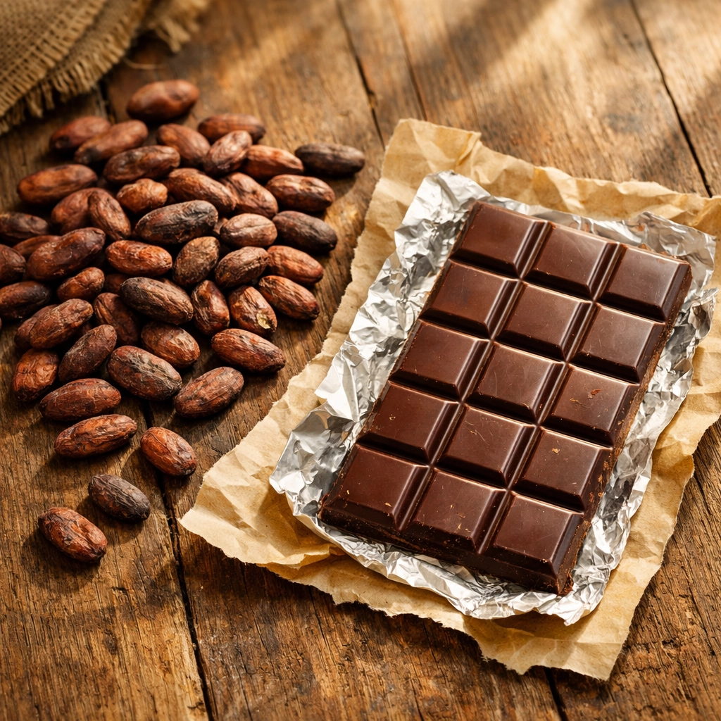 Raw cacao beans and artisanal chocolate bar on rustic wooden table showcasing the bean-to-bar journey