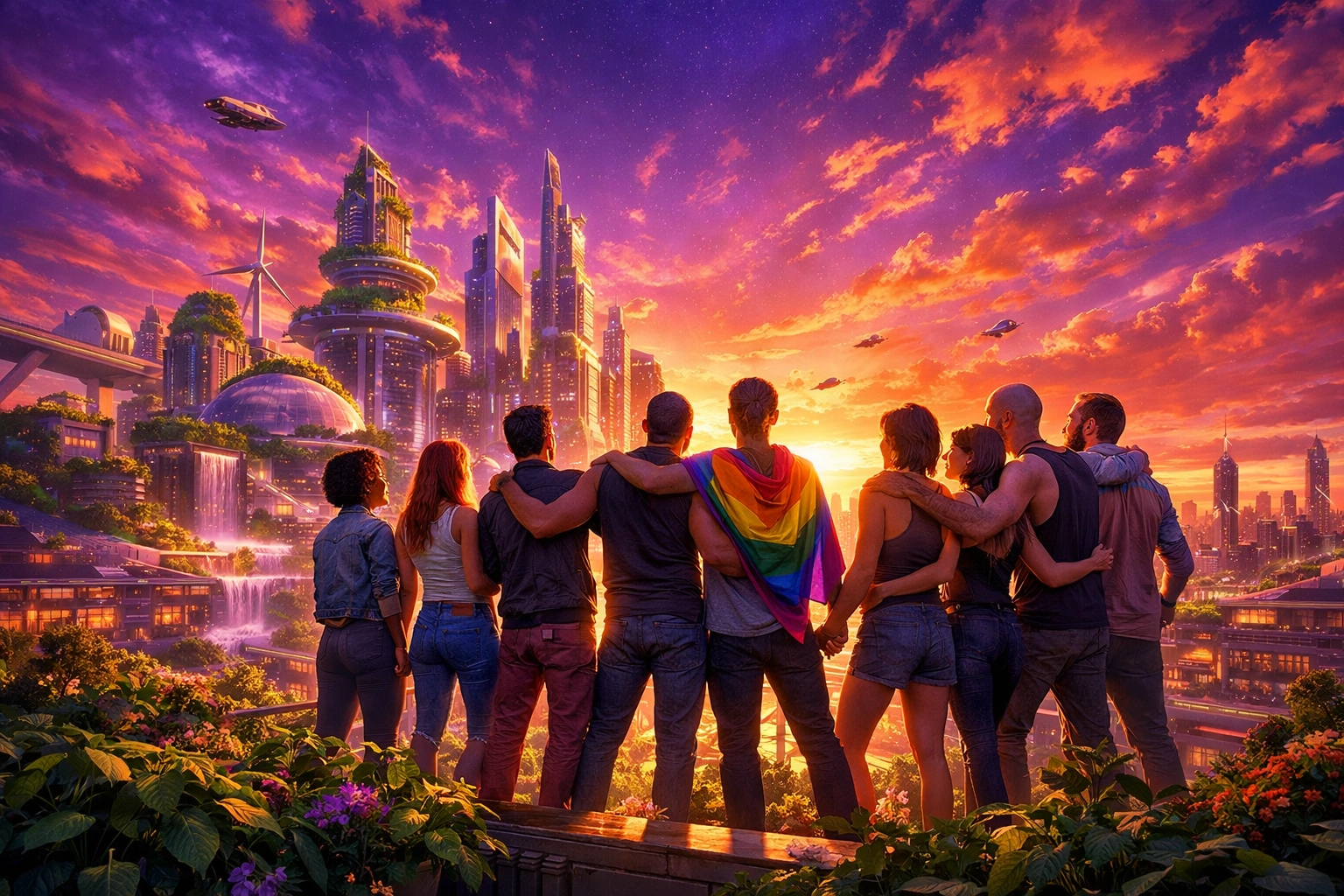 Diverse queer friends standing together on a rooftop at sunset, looking toward a hopeful and resilient future.