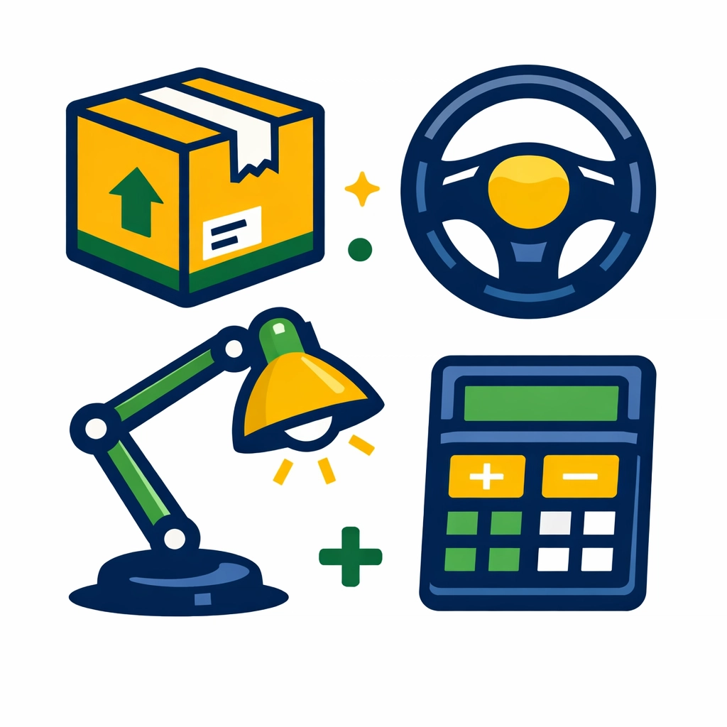 Icons representing common side hustle tax deductions like shipping, mileage, and home office expenses.
