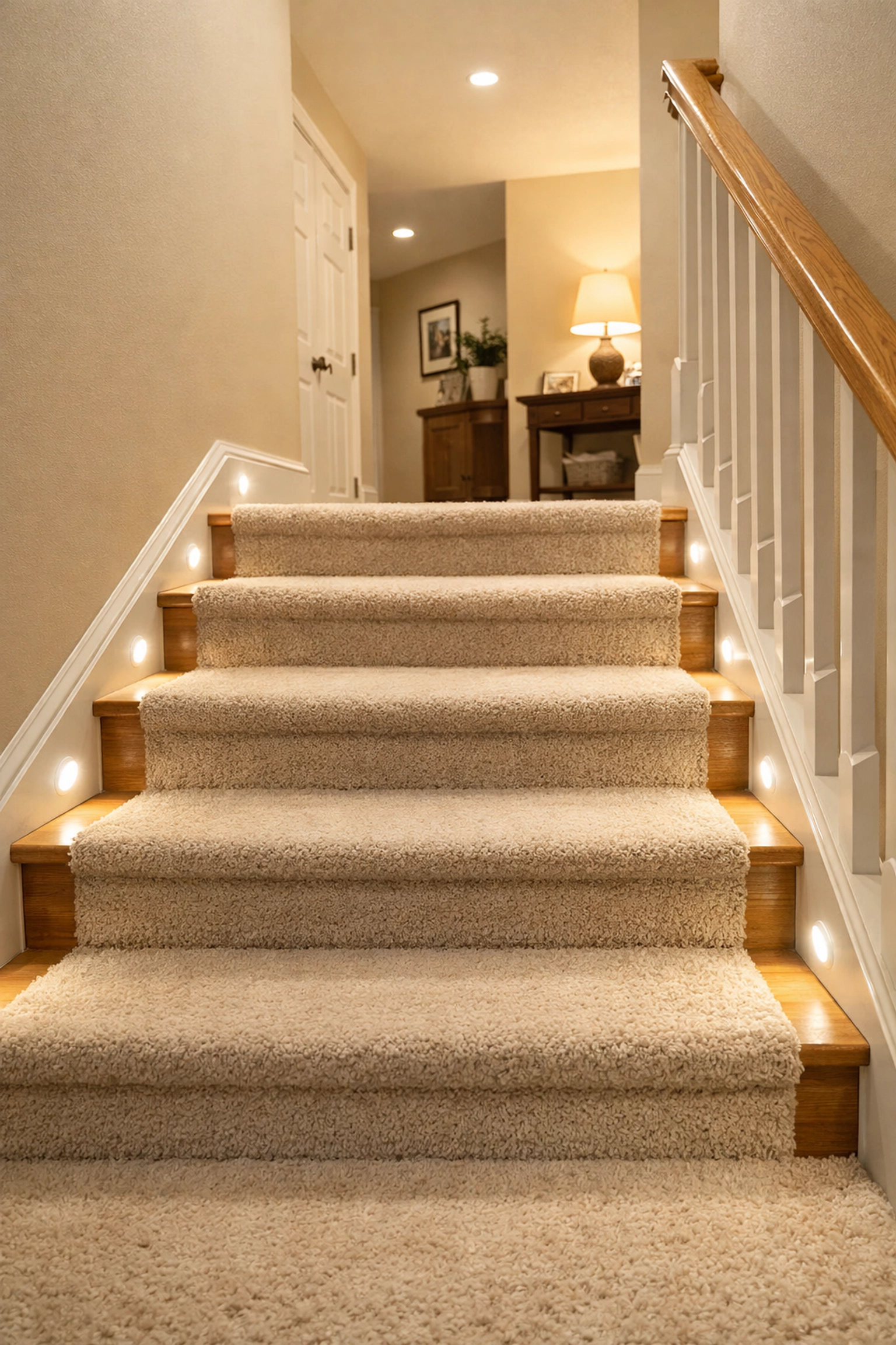 Indoor staircase with motion-sensor LED baseboard lights for clear visibility and fall prevention.