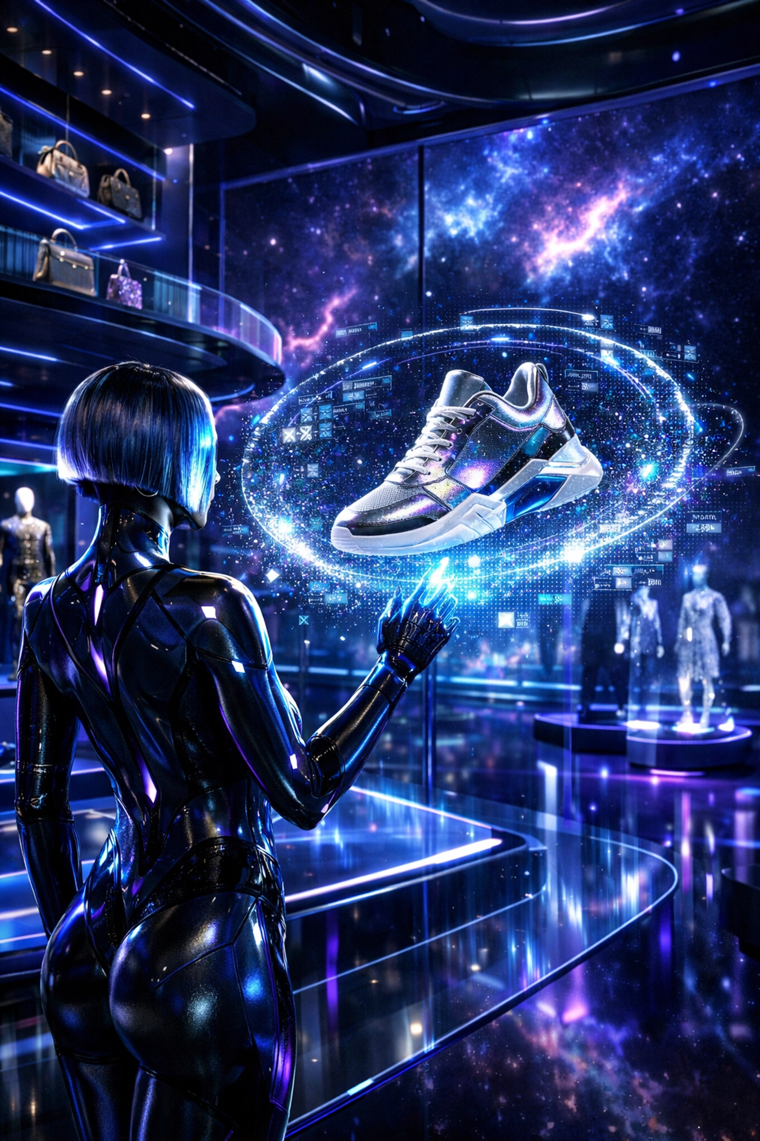 Digital avatar browsing a futuristic metaverse boutique for immersive VR shopping and retail.