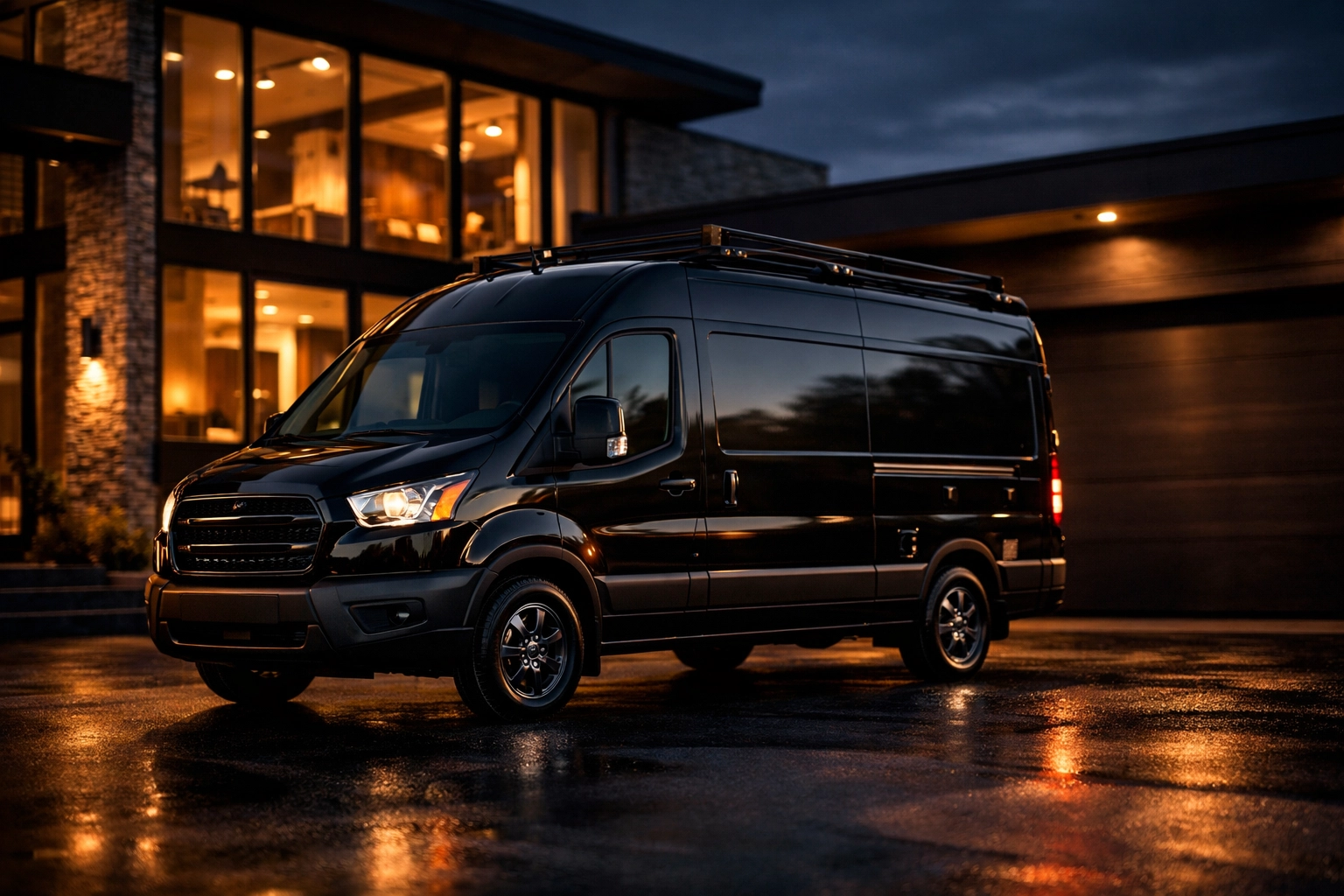 Professional home theater installation company service vehicle parked at a modern Minneapolis residence.