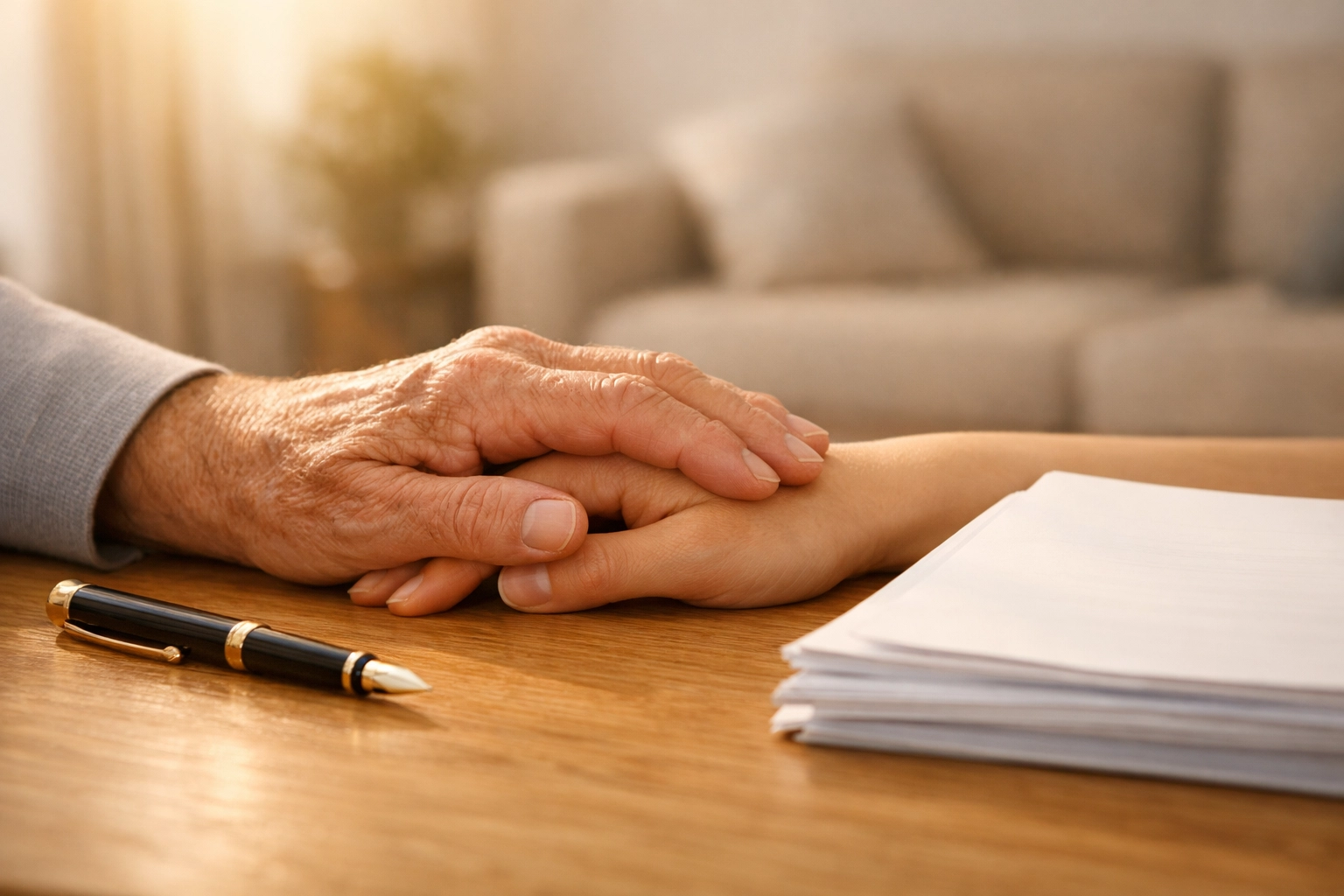 Family hands resting on medical power of attorney documents on a desk, symbolizing a legacy of care and preparation.