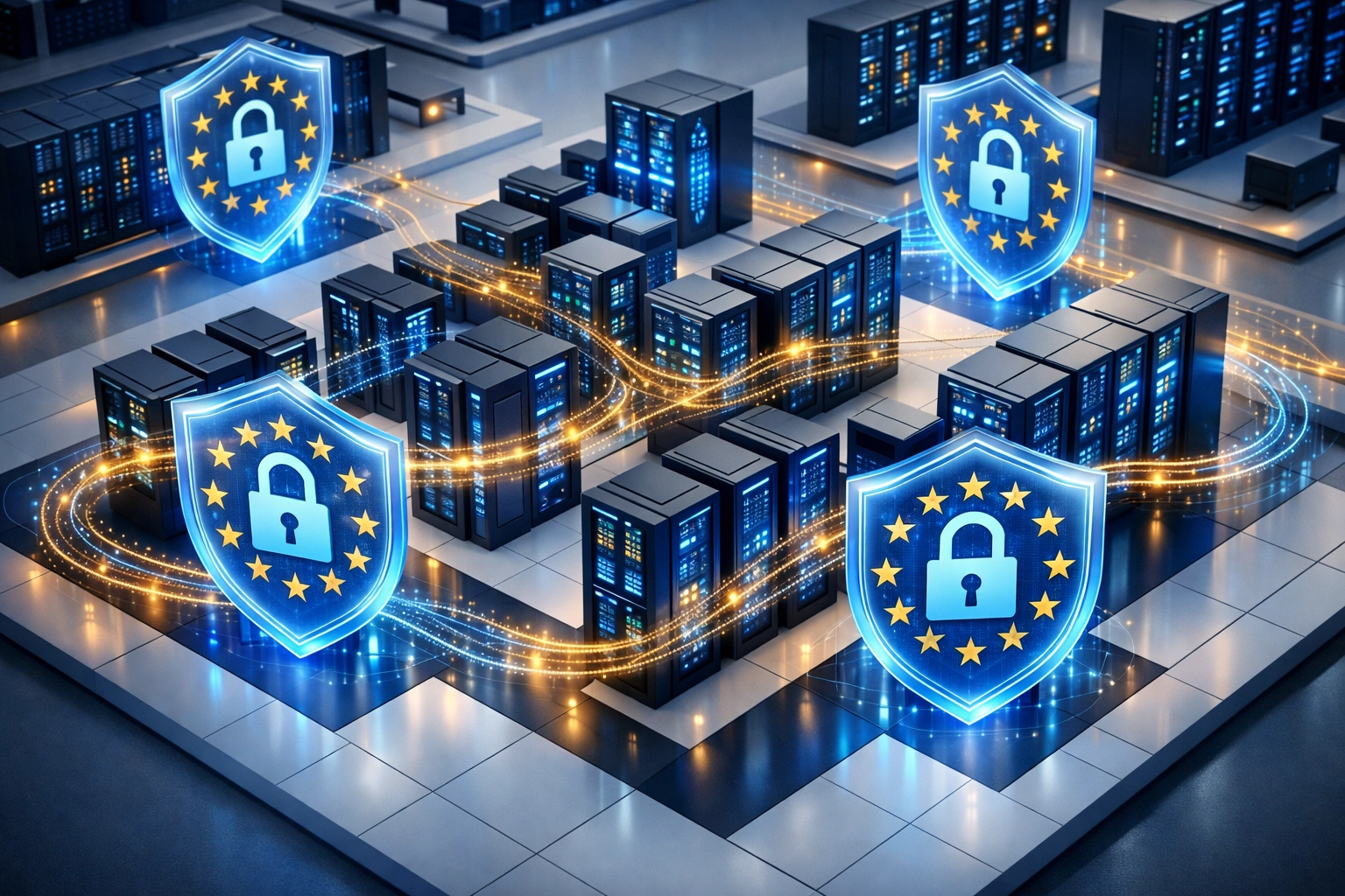 European data center infrastructure with GDPR security shields protecting ServiceNow ITOM deployment