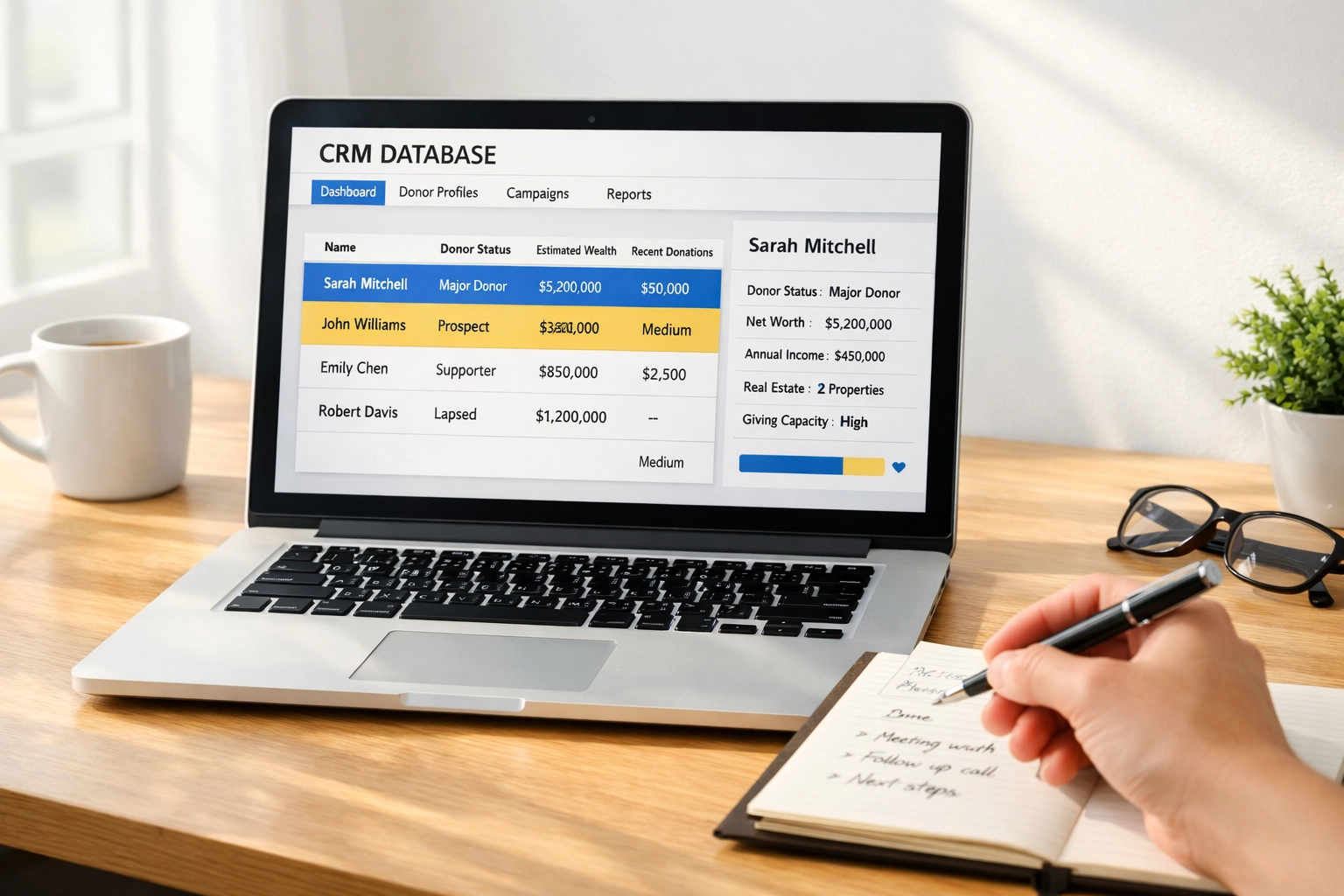 CRM database showing donor profiles with wealth screening indicators for prospect research