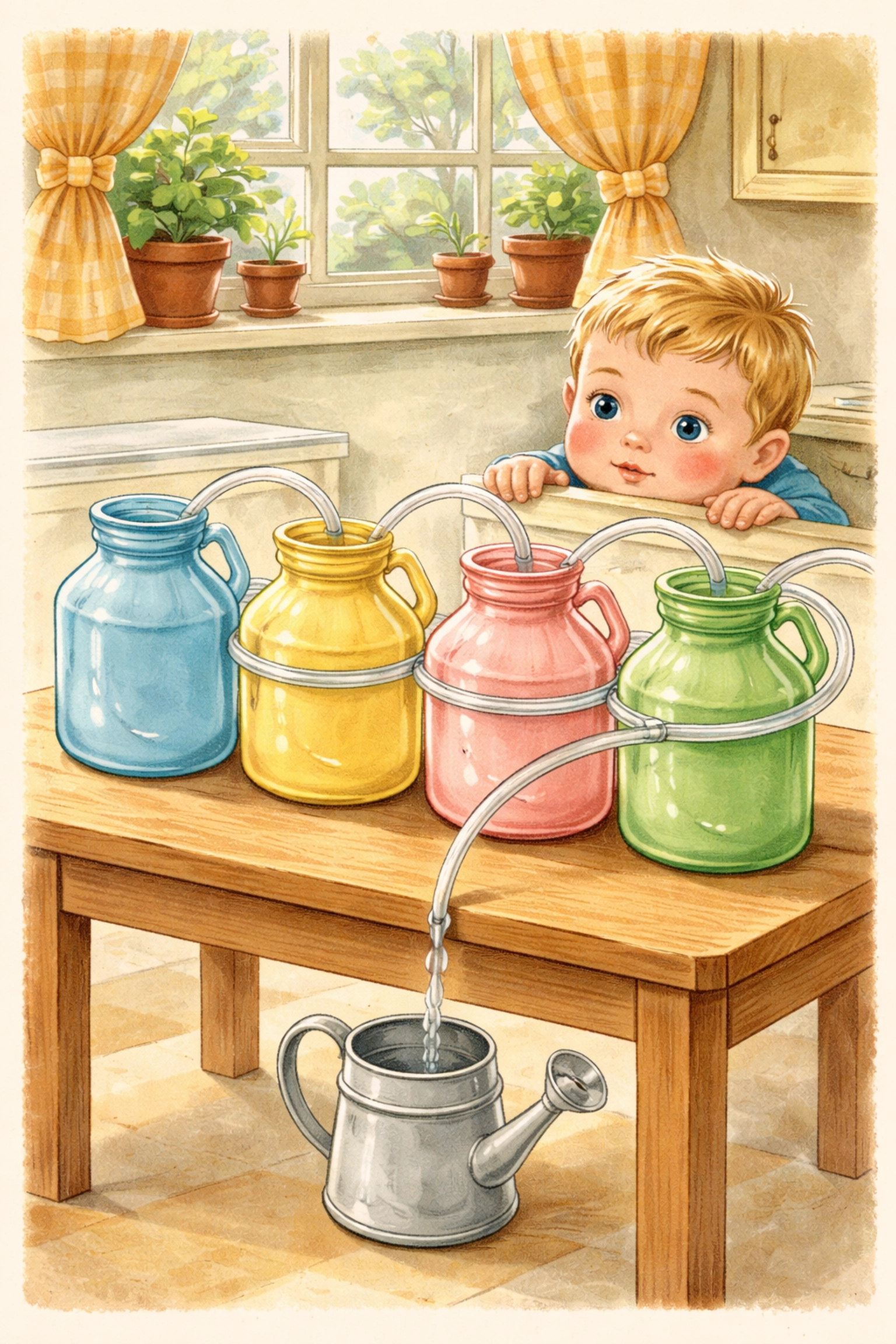 Child learns water conservation with DIY milk jug rain barrel project in sunny kitchen