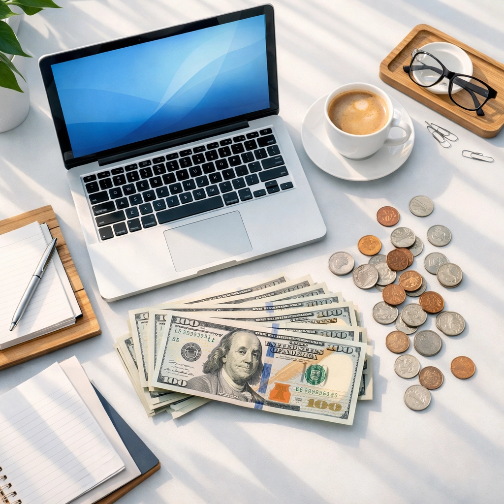 Workspace with cash and laptop showing small business financial management