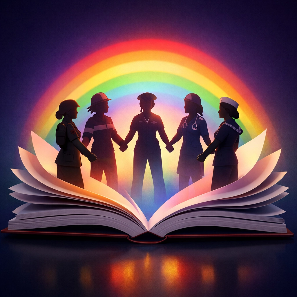 LGBTQ+ fiction reimagining masculinity with uniformed heroes emerging from book pages with rainbow light