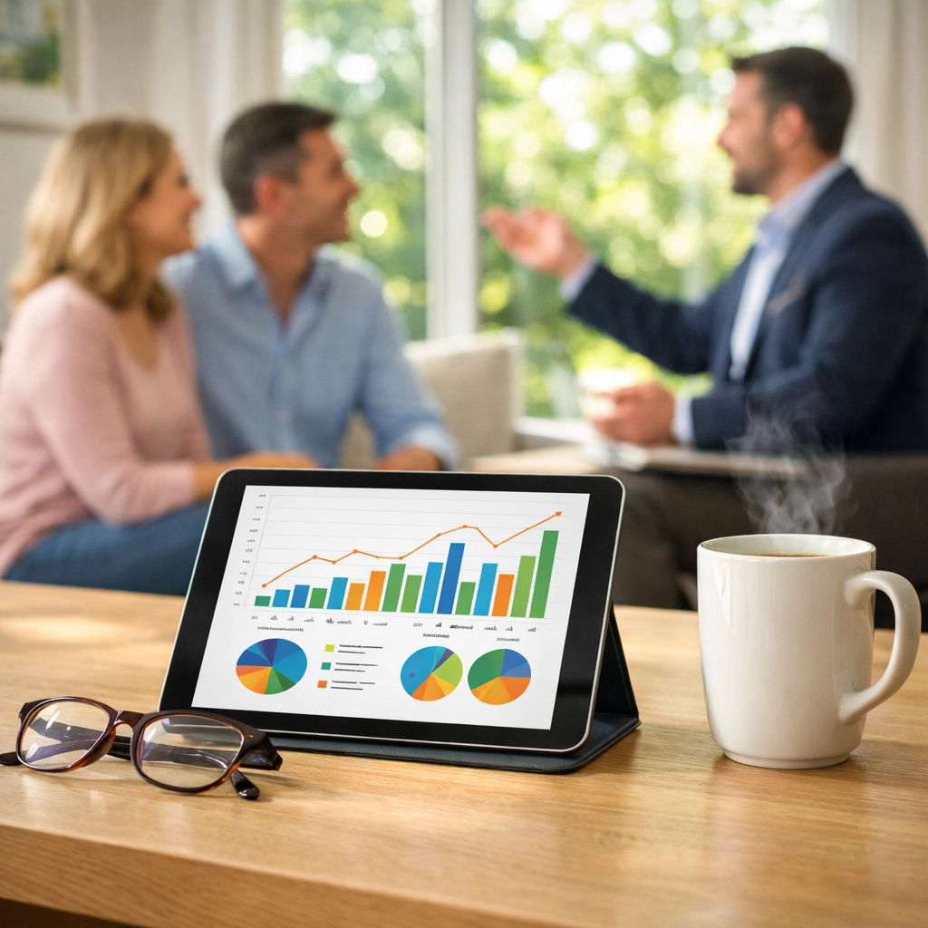 Homeowners discussing financial planning and jumbo reverse mortgage limits with a professional advisor.