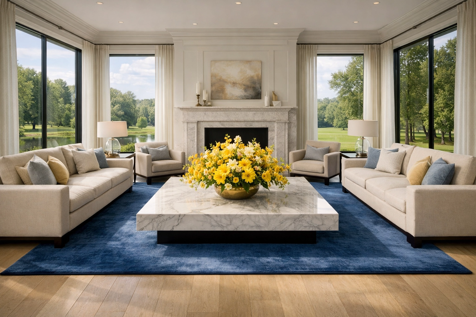 Immaculate open-concept living room in a Dover mansion after professional residential cleaning Massachusetts.