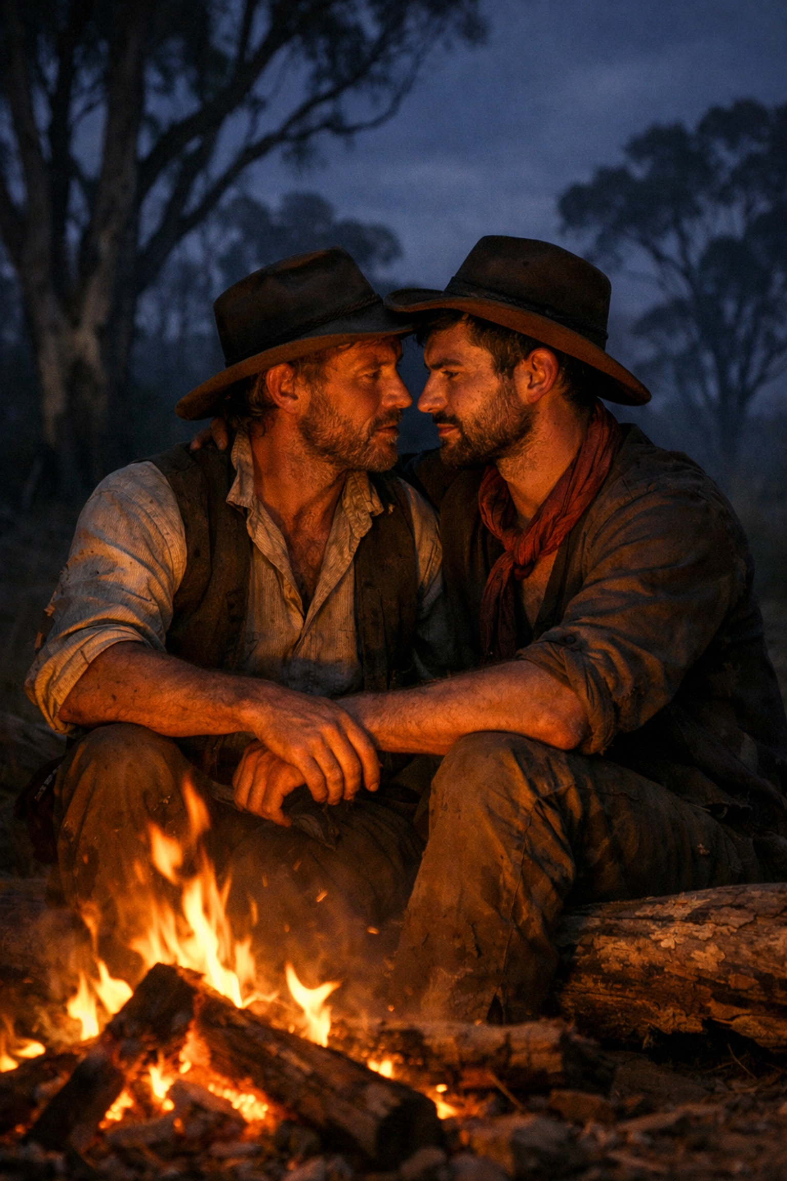 Historical MM romance scene of two men by a campfire in the rugged Australian bush.