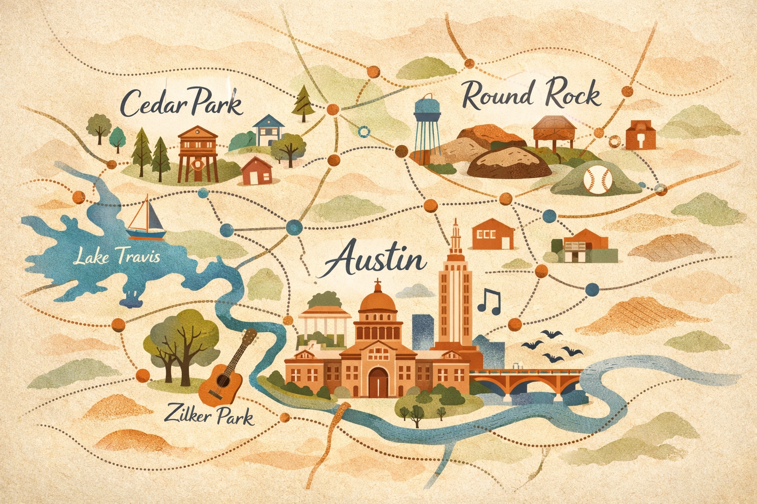 Central Texas map highlighting Austin, Round Rock, and Cedar Park for local SEO
