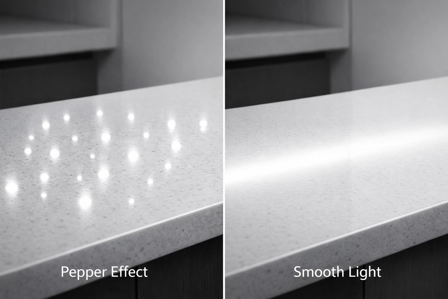 Comparison of distracting LED hotspots versus smooth light through an led diffuser channel.