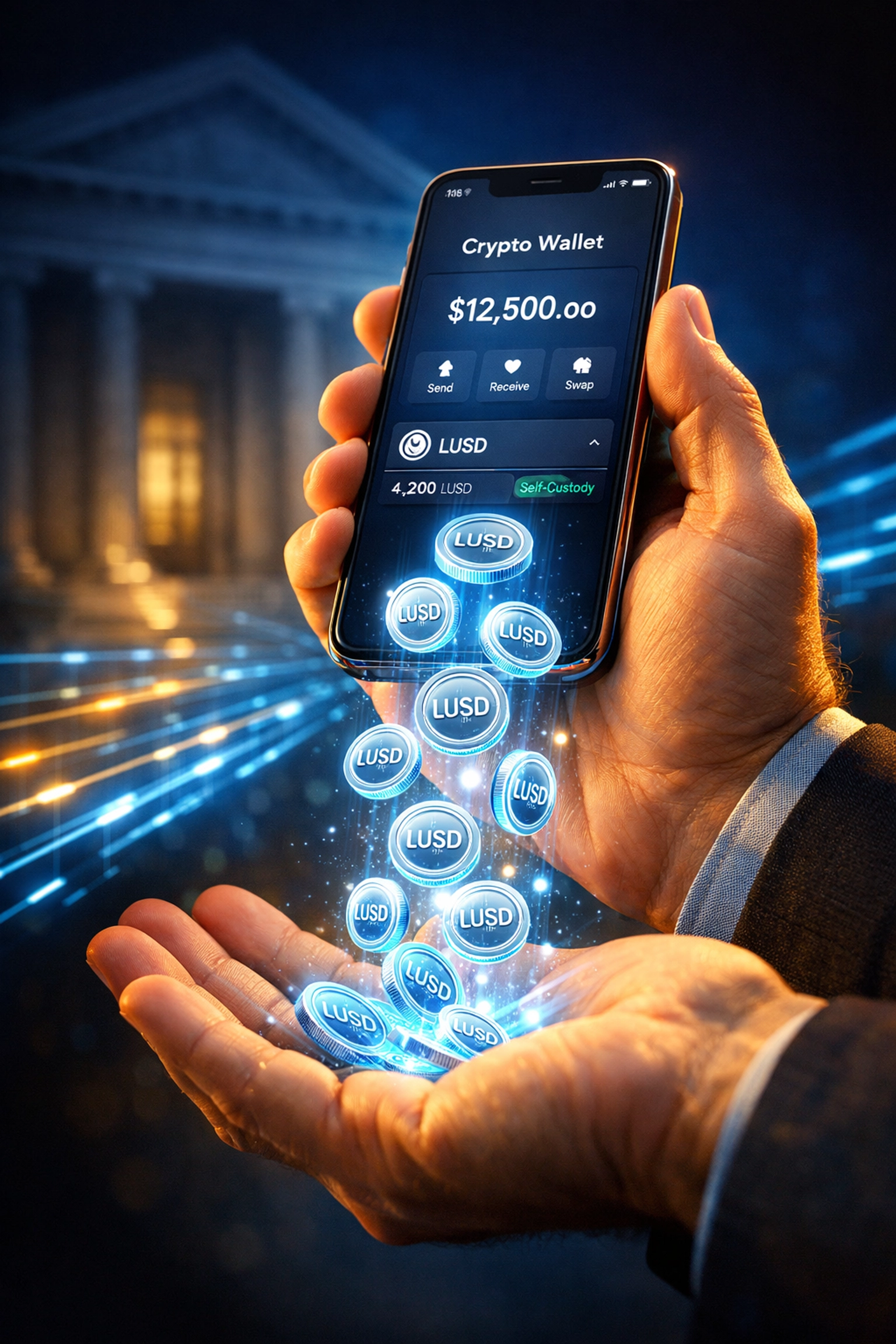 Self-custody crypto wallet receiving LUSD payments directly without intermediaries