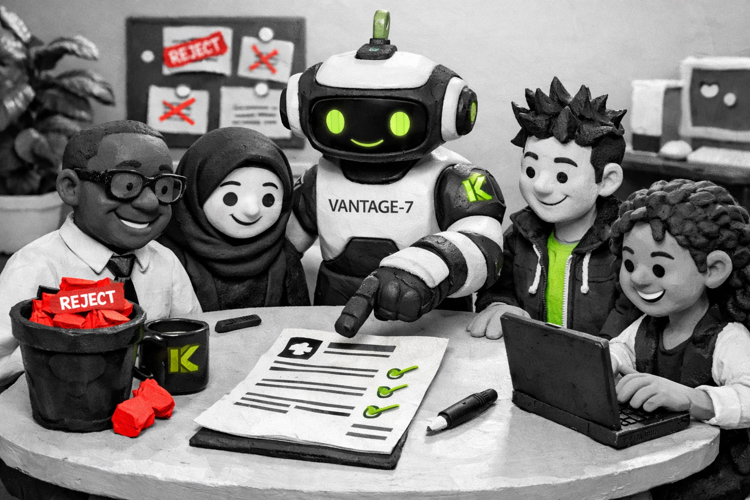 KINETK family atmosphere: VANTAGE-7 robot supporting a group of job seekers in a warm claymation scene.