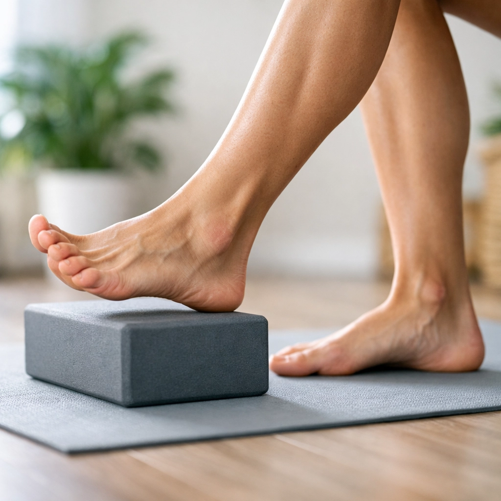 Exercice de mobilité des chevilles sur tapis de yoga à la maison