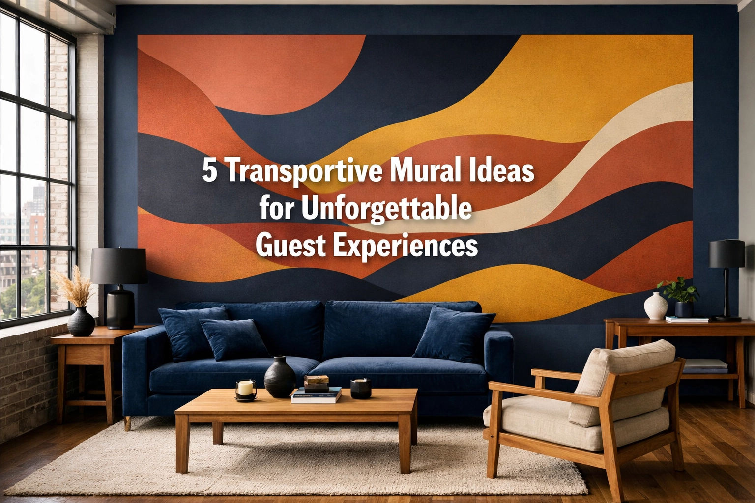 Modern Knoxville loft interior featuring a custom abstract wall mural that anchors a stylish color drenching room design.