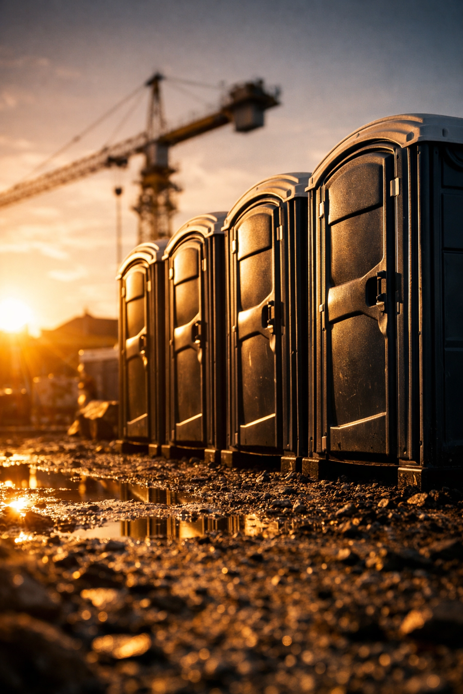 Clean portable toilet rentals lined up at a Fort Wayne construction site during sunset.