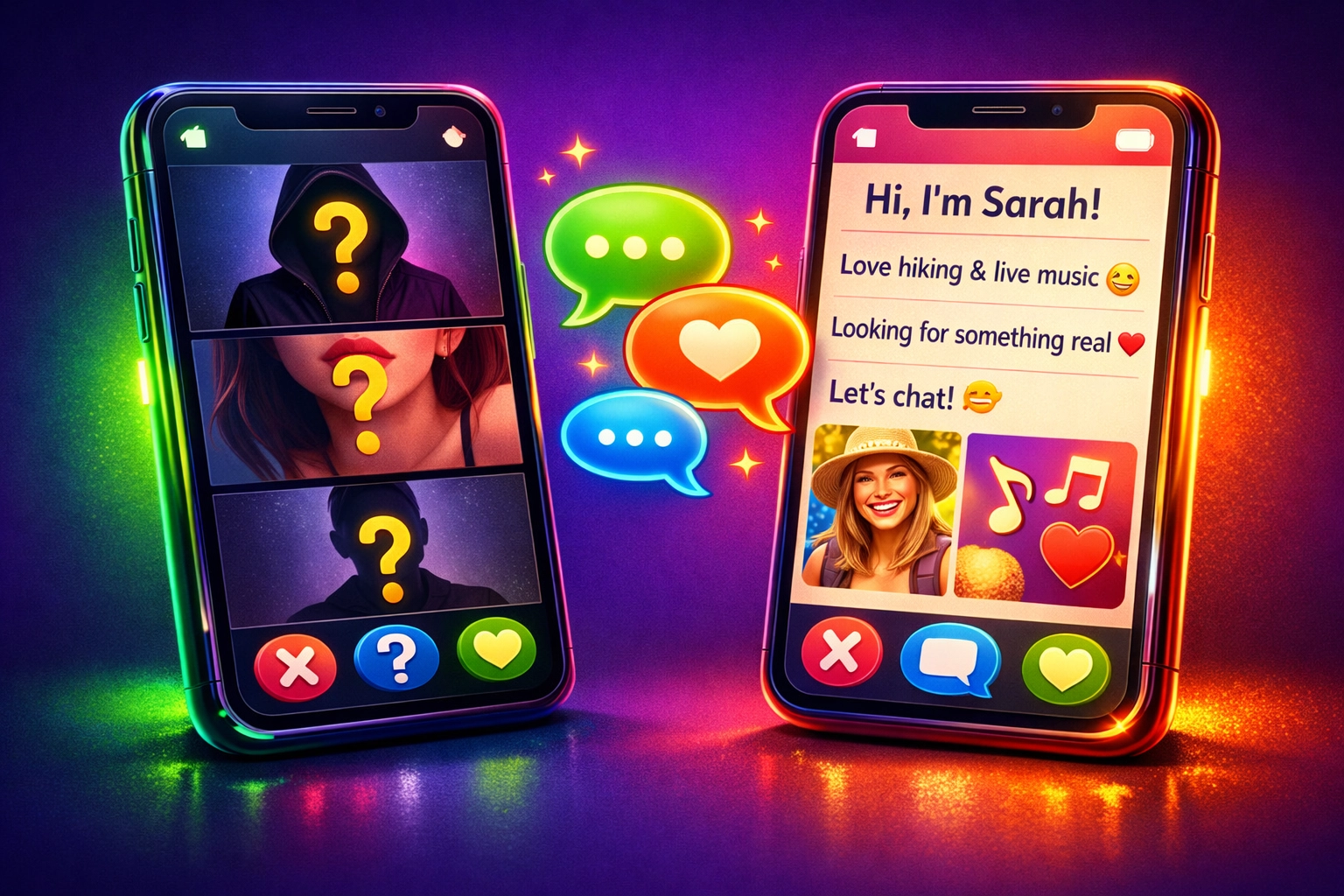 Dating app screens comparing mysterious soft launch vs clear communication in 2026 dating