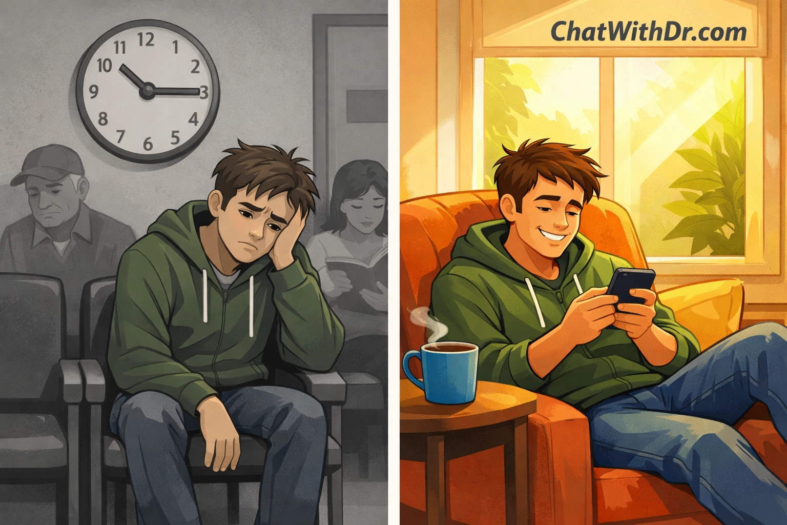 Comparison of traditional waiting room versus online doctor consultation at home