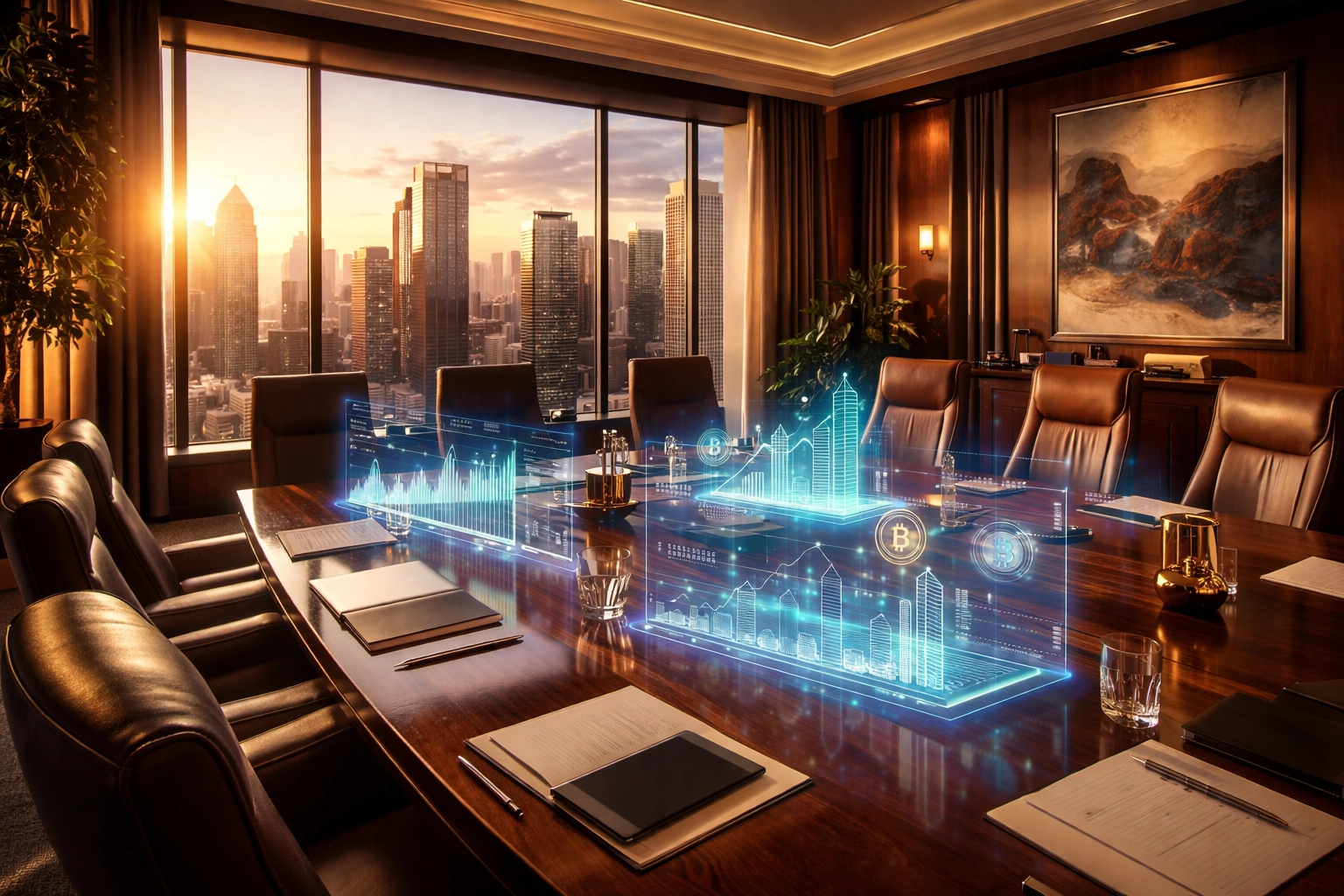 Private boardroom with financial charts and digital assets symbolizing advanced portfolio management and diversification