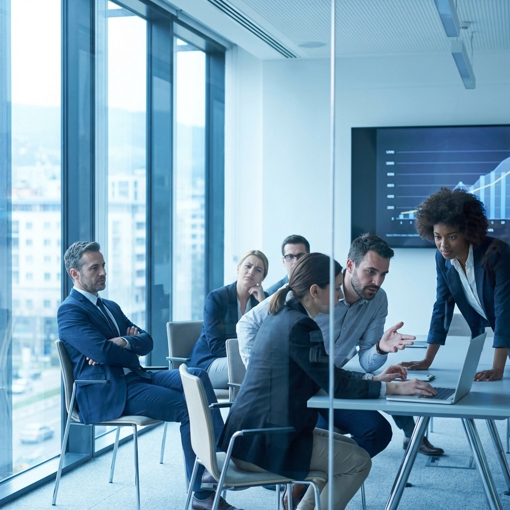 Corporate team meeting in a glass-walled office, displaying varying engagement with digital transformation change.