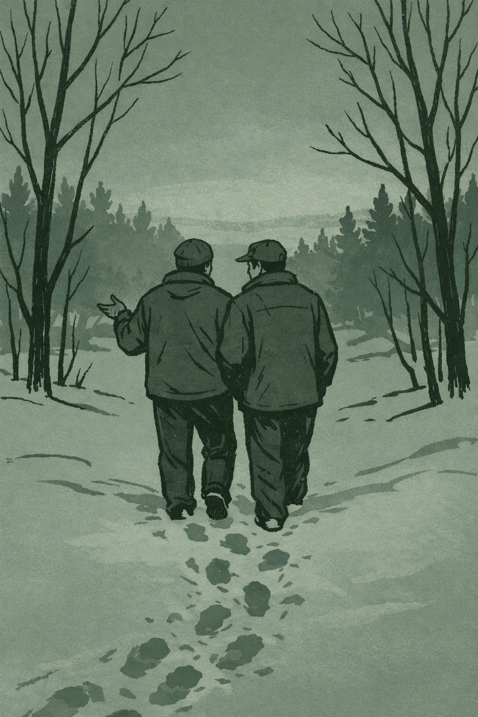 MM couple walks through snowy Quebec forest in gay psychological thriller