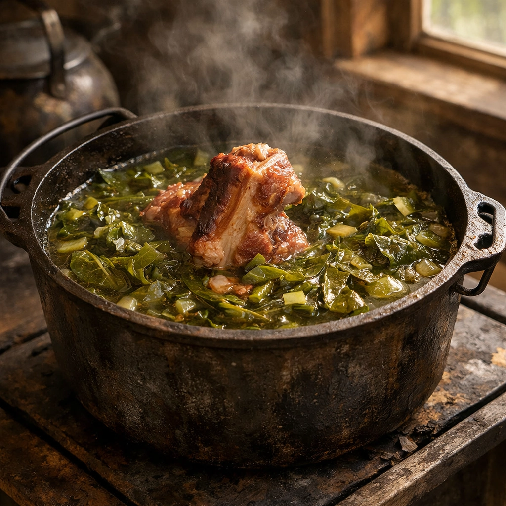 Traditional Southern collard greens and ham bone simmering in a rustic Dutch oven for authentic flavor.