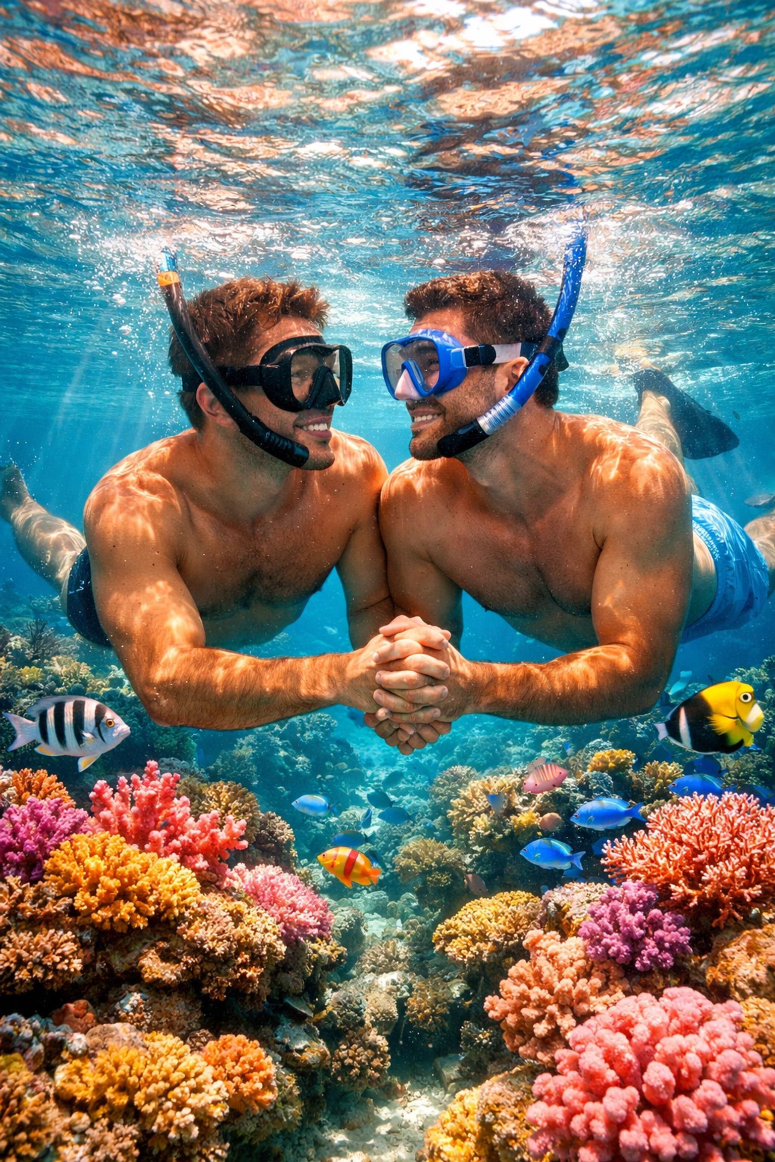Two men snorkeling together in Maldives coral reefs during gay honeymoon