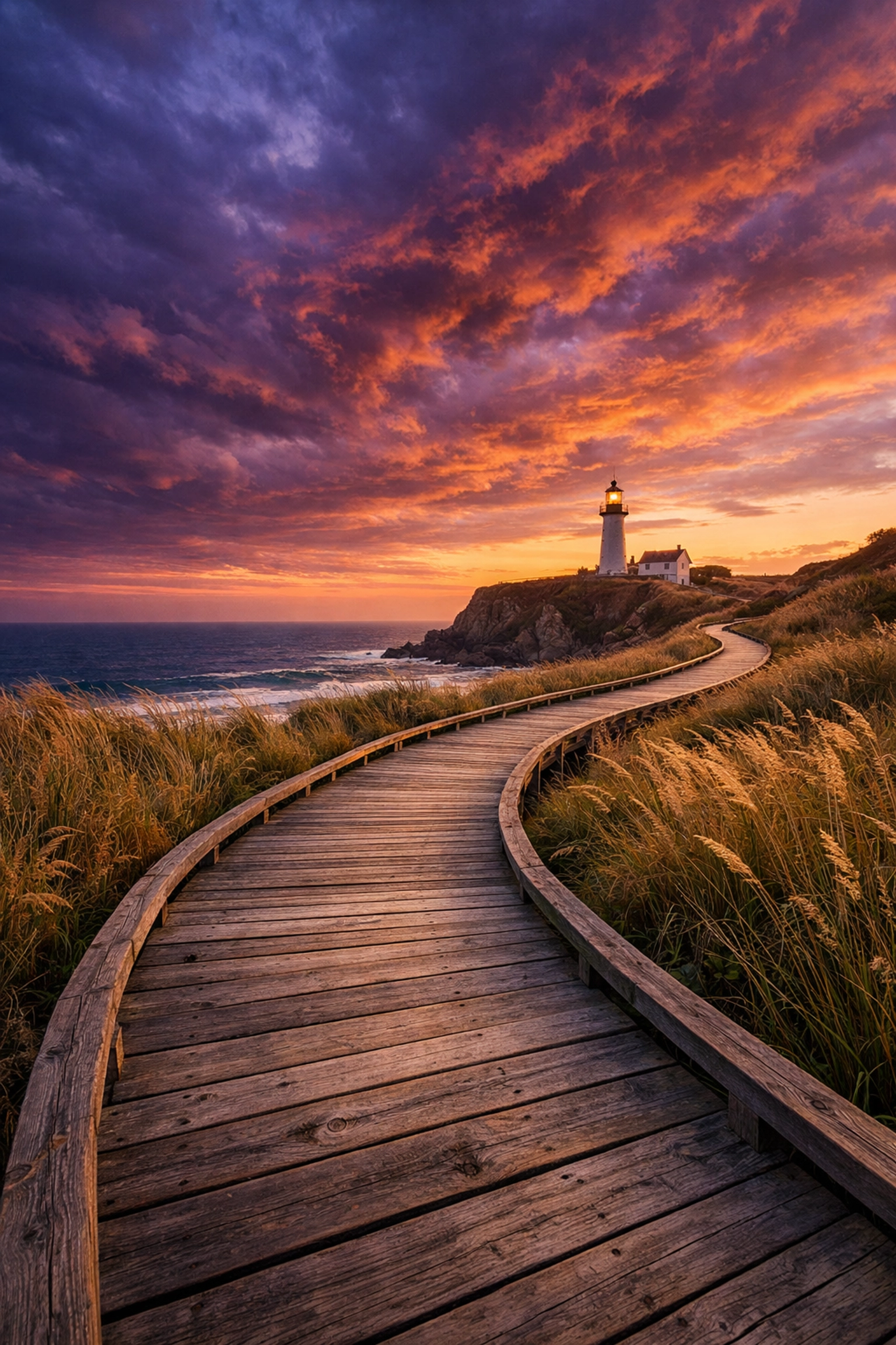 Coastal lighthouse scene with a wooden boardwalk leading line, a key landscape photography tip for composition.