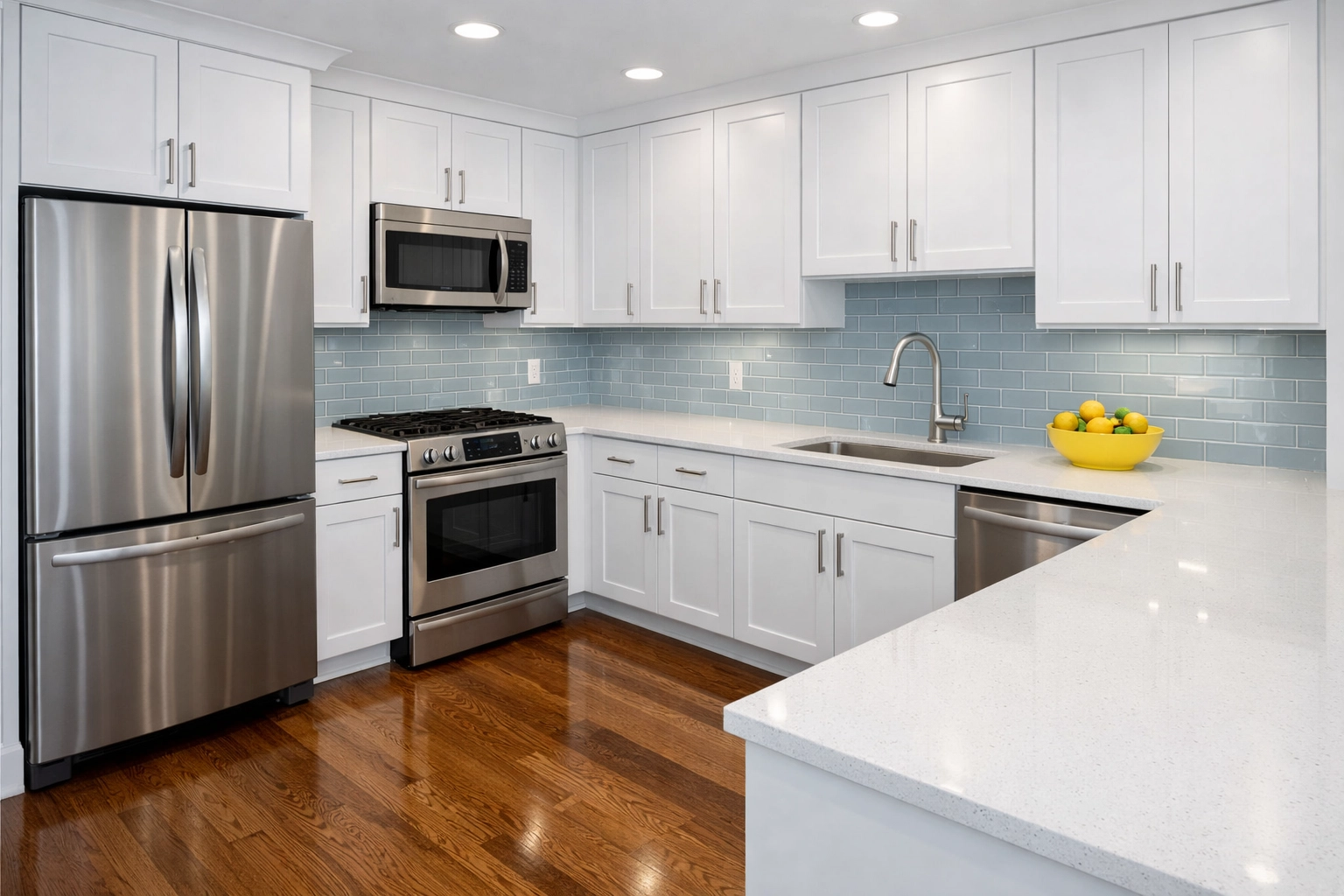 Spotless modern Boston apartment kitchen with gleaming countertops and professional move-in cleaning services.