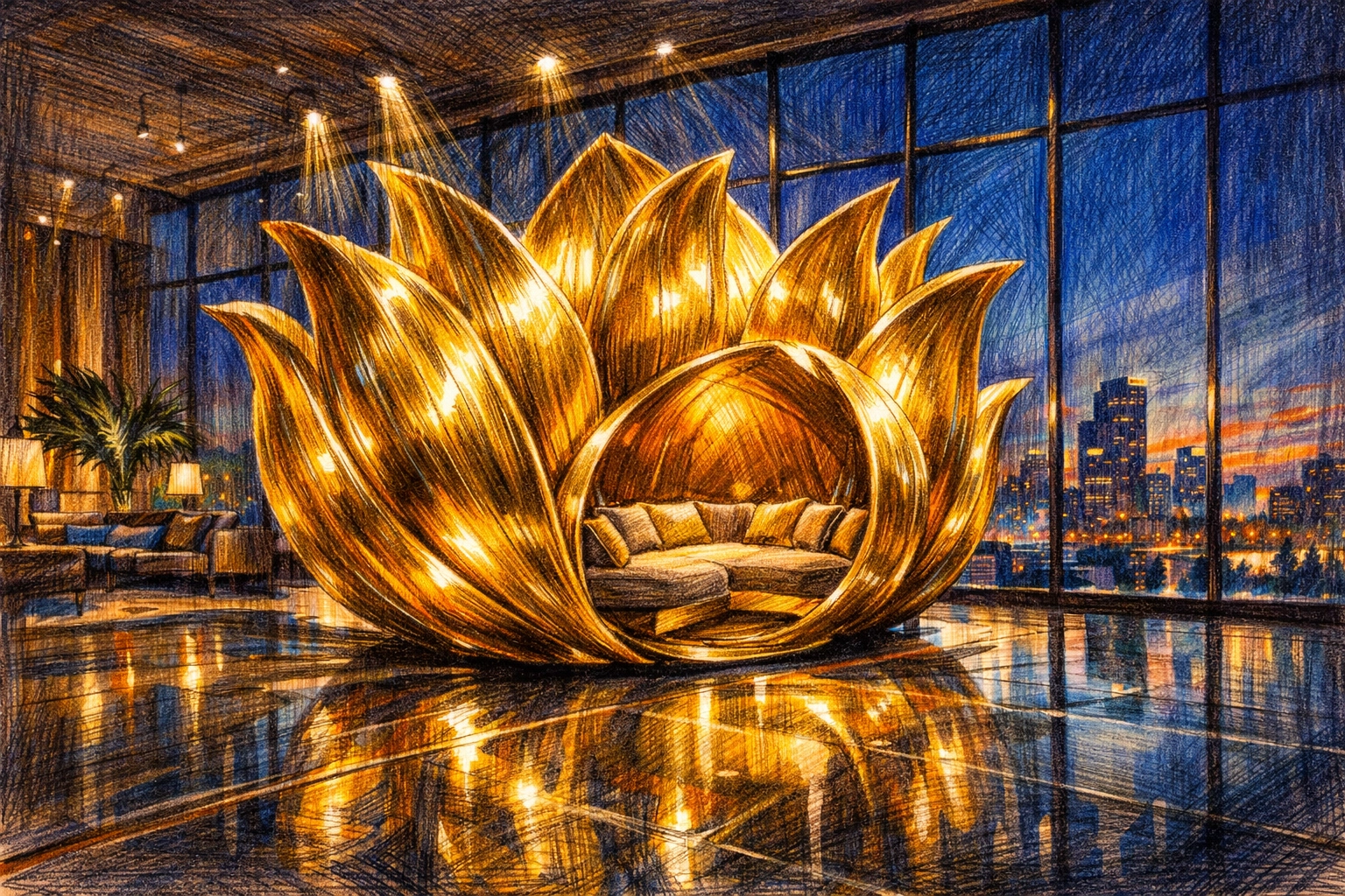 Golden floral seating pod hero piece in a boutique hotel lobby overlooking a twilight city skyline.
