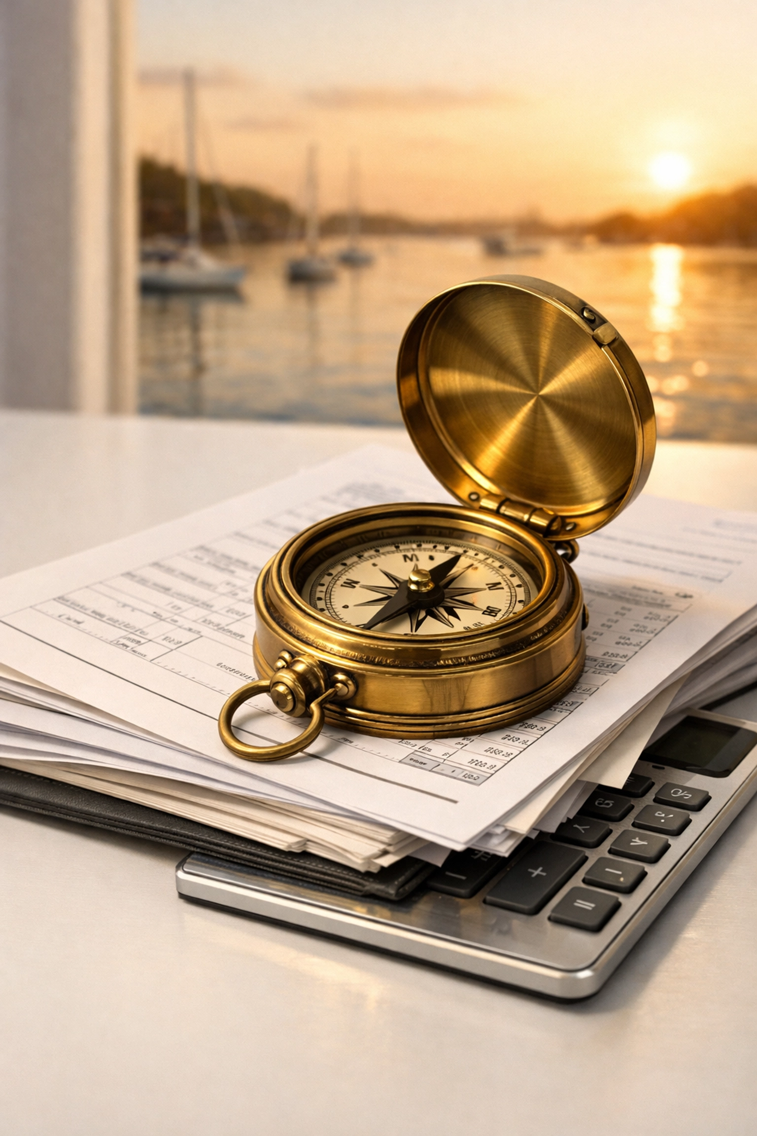 A brass compass on financial ledgers representing the Safe Harbor strategy for quarterly taxes.