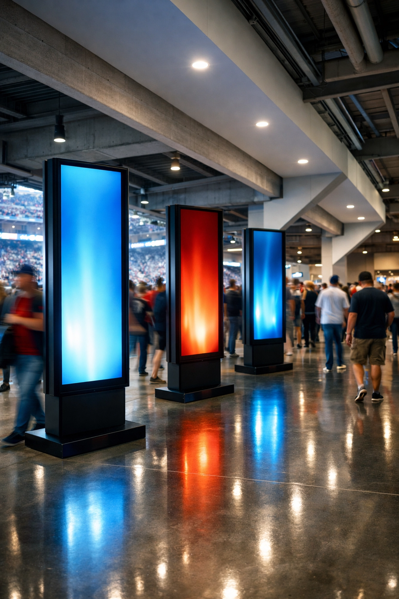 Modern stadium concourse featuring Sportrons digital signage for the Dakdan sports advertising network.