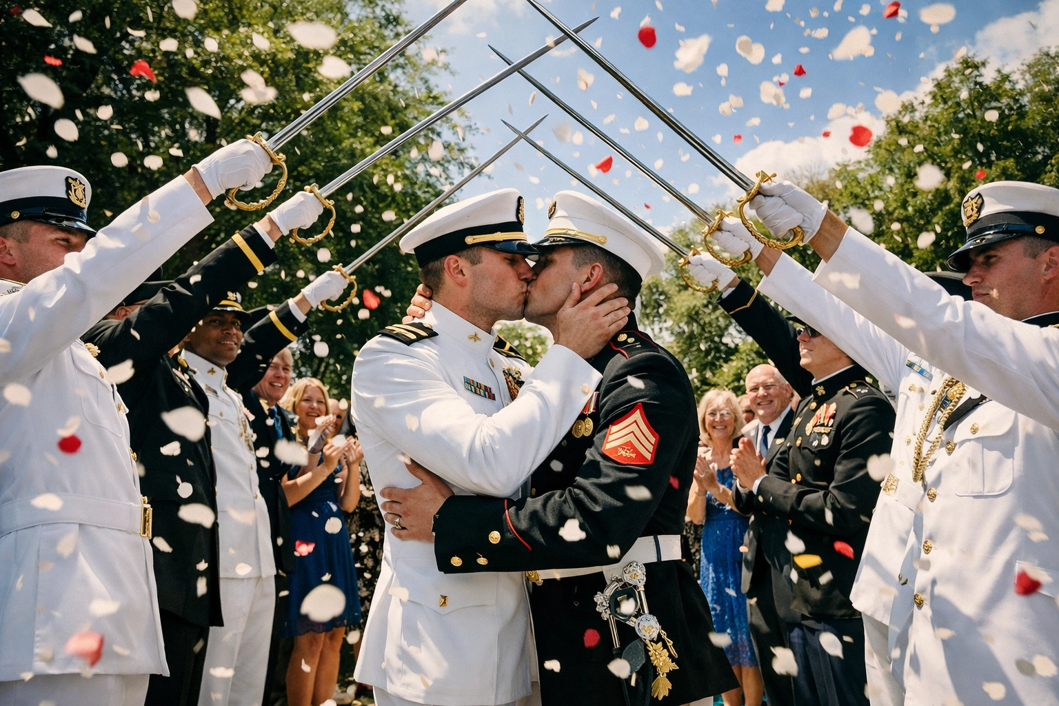 Gay military wedding with two grooms kissing under sword arch celebrating same-sex marriage equality