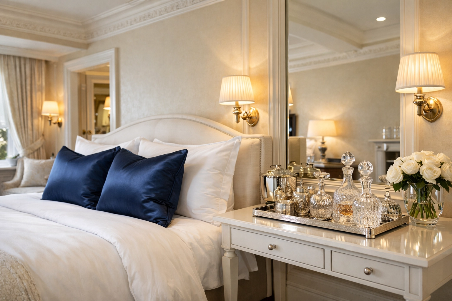 Detail of a luxury Duxbury bedroom with white linens and organized vanity, illustrating elite white-glove cleaning.