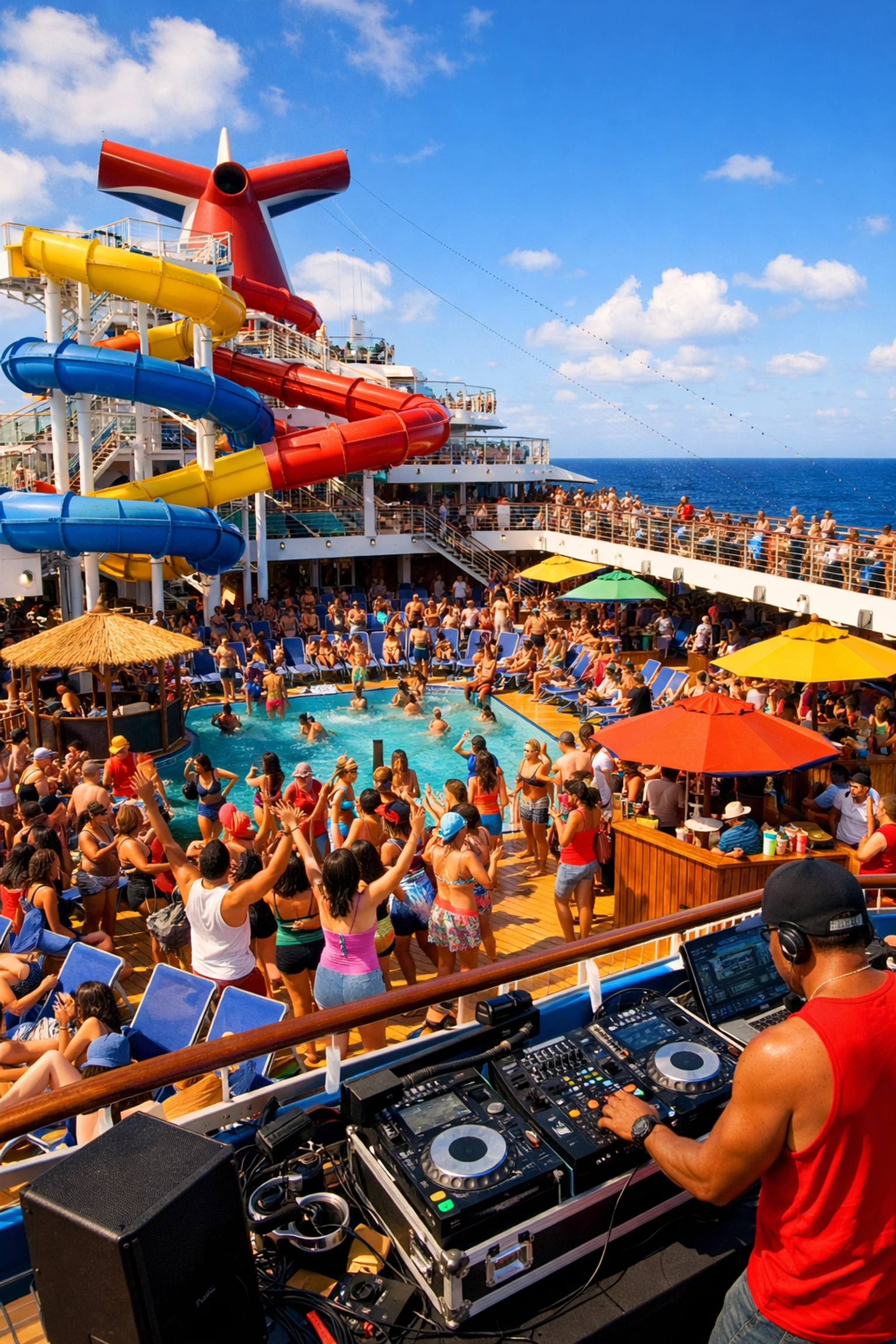 Carnival cruise ship pool deck with water slides and activities for first-time cruise passengers
