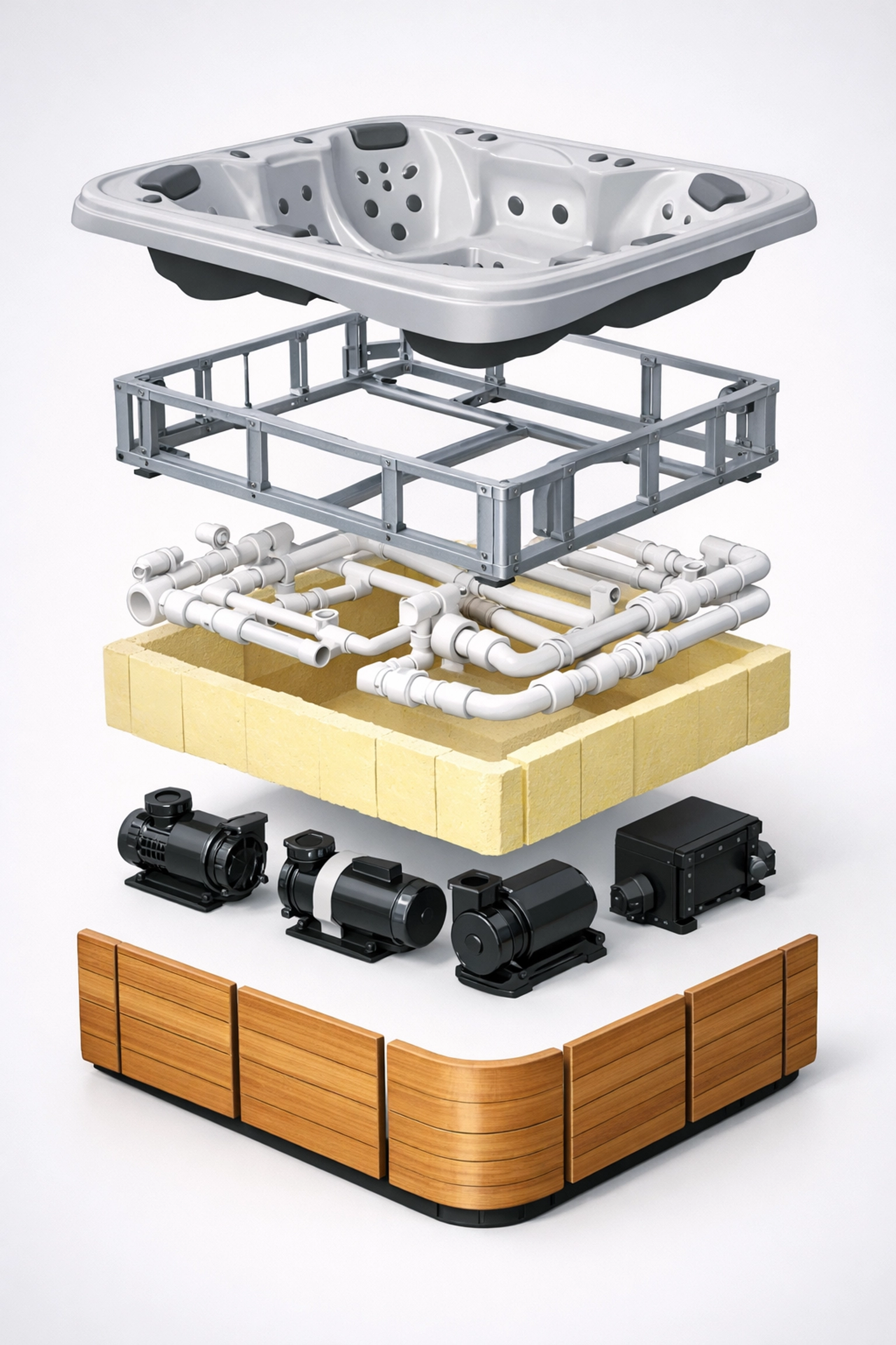 Hot tub components separated showing shell, metal framing, pipes, and insulation for recycling