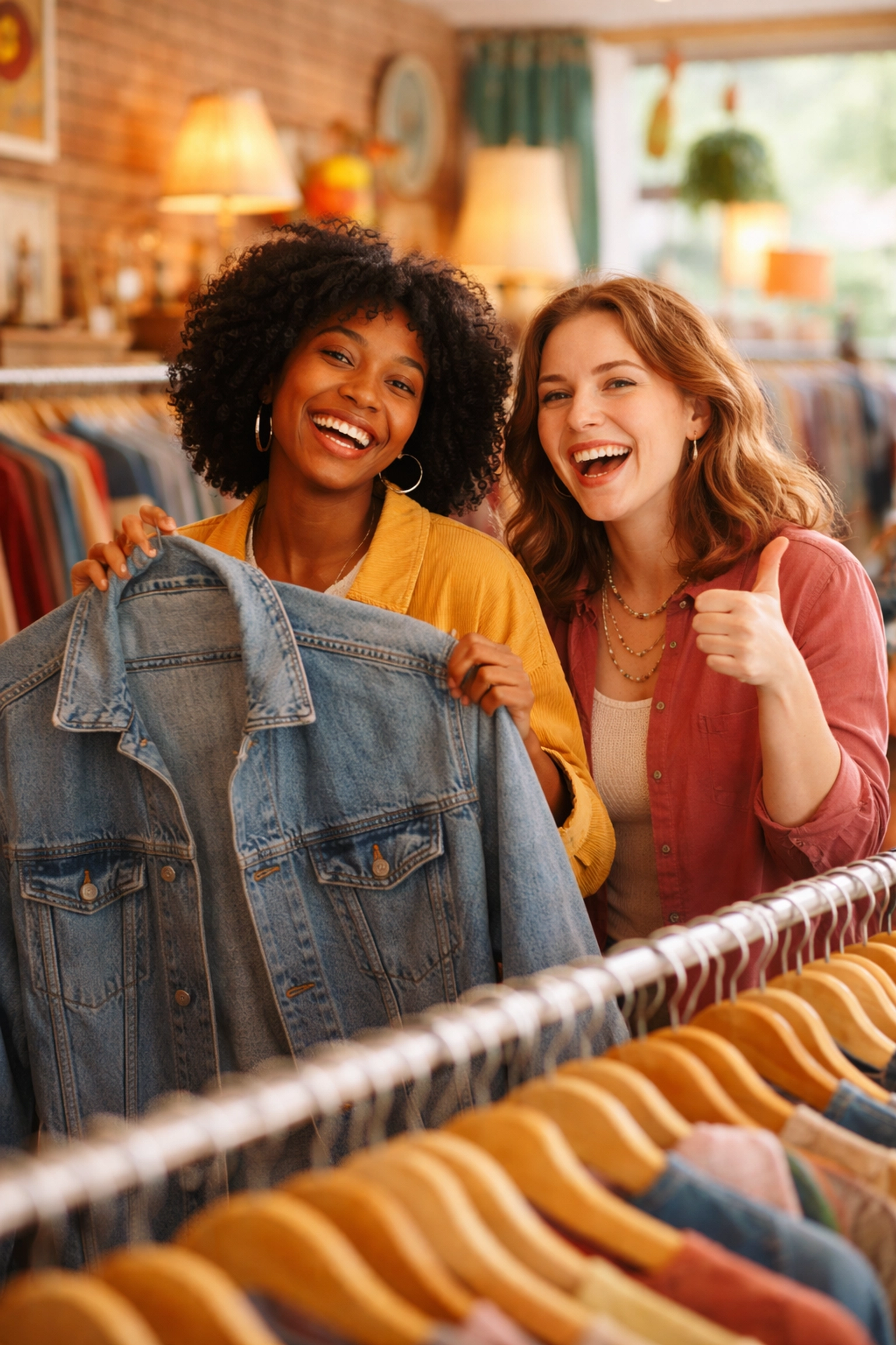 Two friends celebrate and laugh together while shopping at a welcoming, LGBTQ-friendly vintage store.