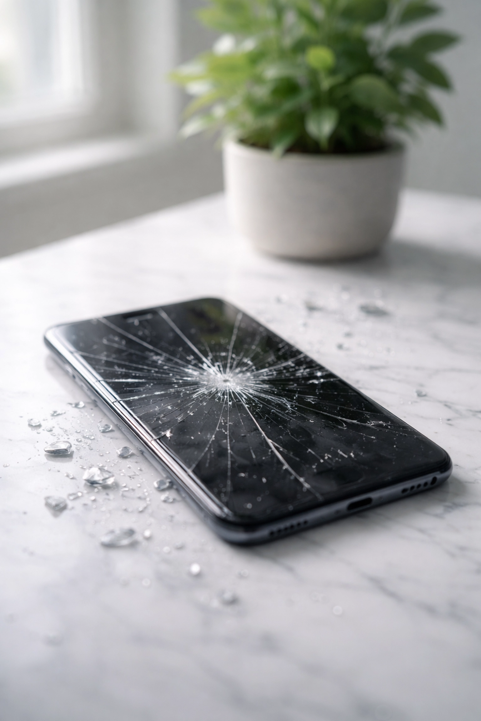 Shattered phone screen beside a healthy plant, representing the risks of neglecting technical SEO for AI visibility