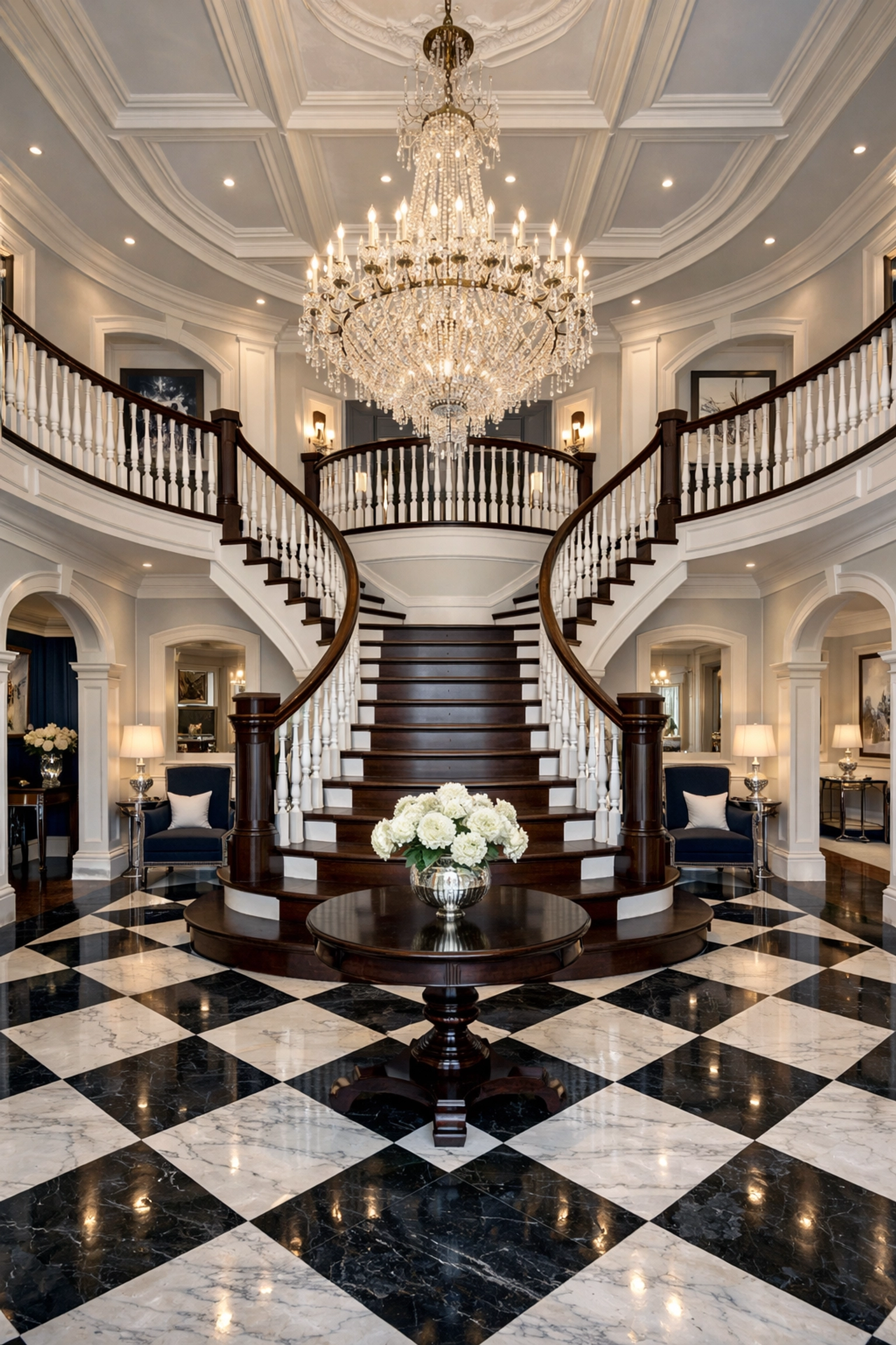 Grand estate entryway with a sweeping staircase after a Weston Georgian Colonial deep cleaning.